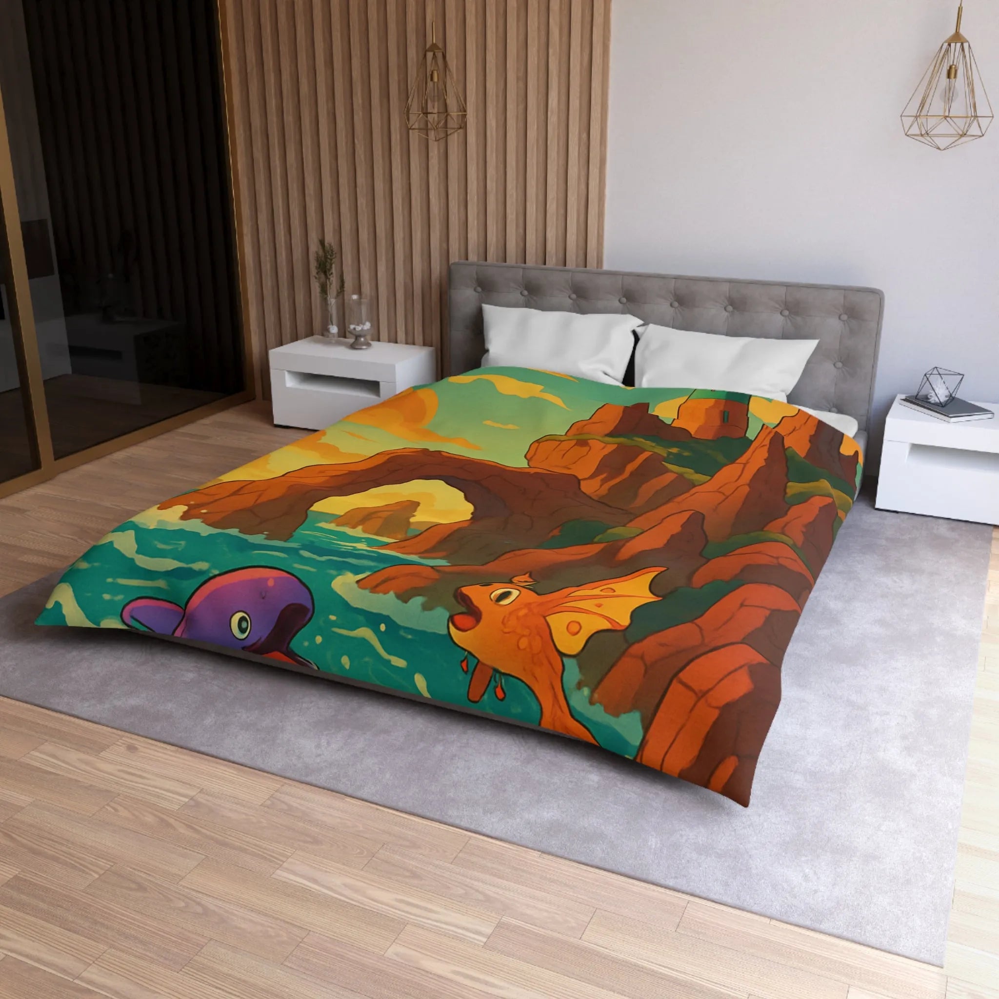 Fantastique peinture de poissons et dauphin avec phare sur fond de mer colorée