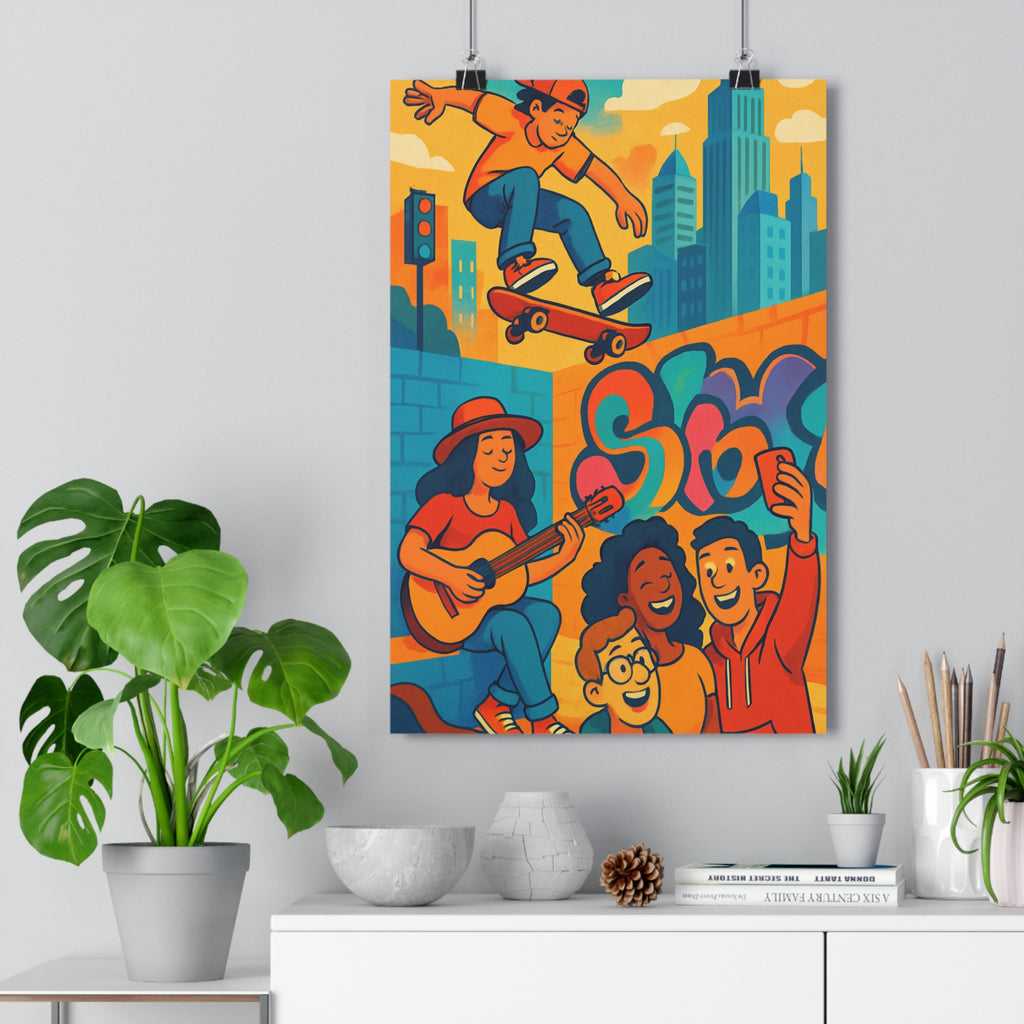 Poster décoratif aventure urbaine skateur anime moderne orange bleu dynamique salon chambre 30x46 cm