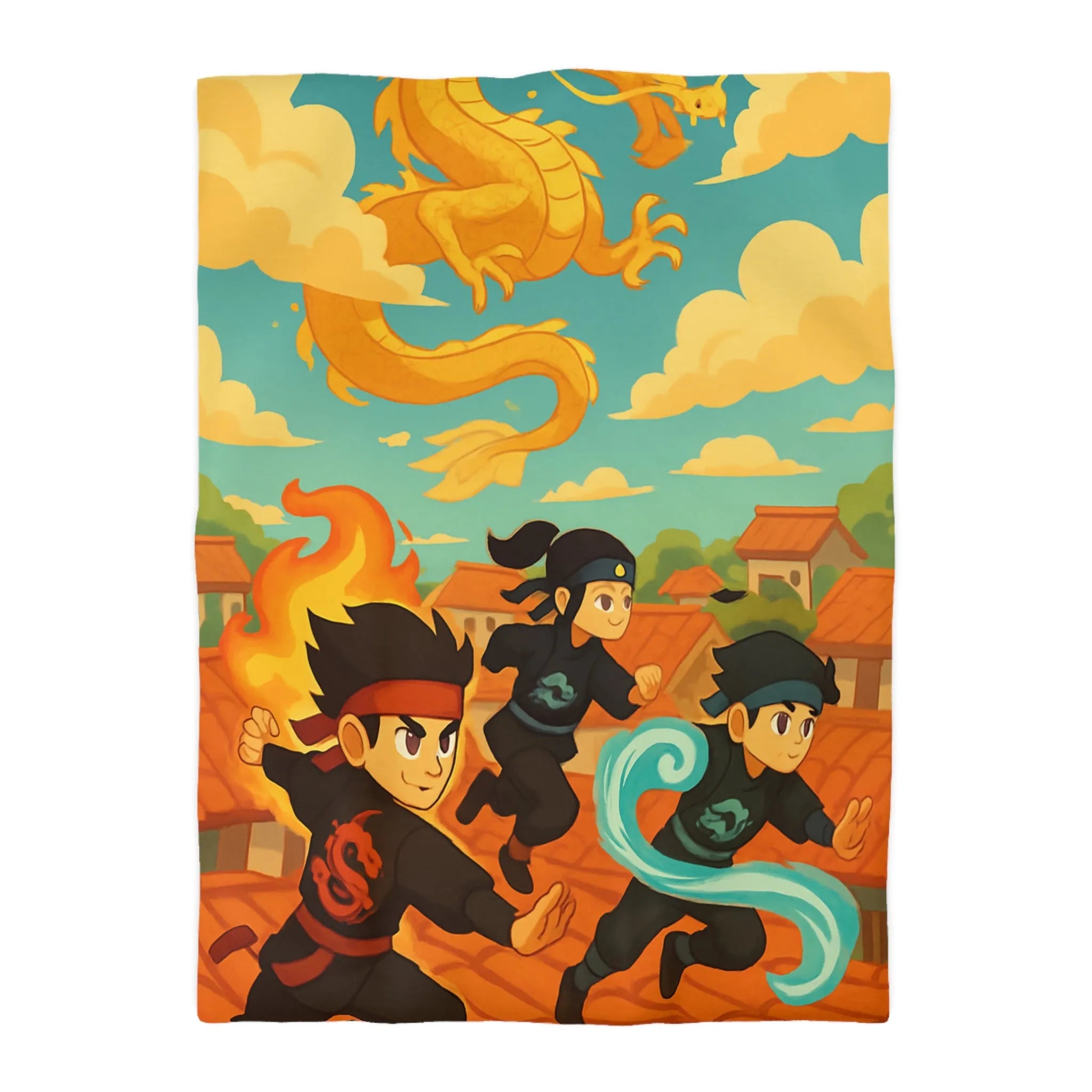 Housse de couette avec ninjas sautant et dragon doré dans un ciel ensoleillé