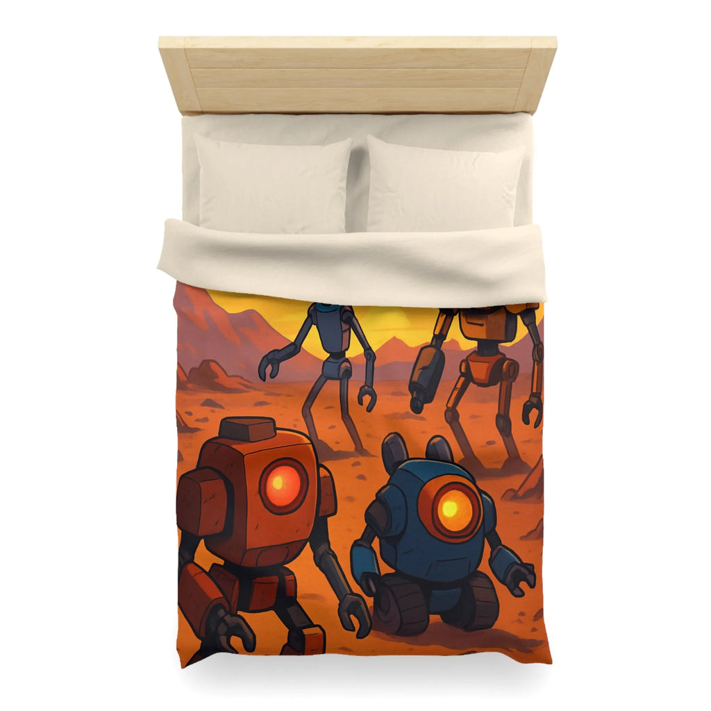 Housse de couette avec robots colorés dans un paysage désertique au coucher du soleil