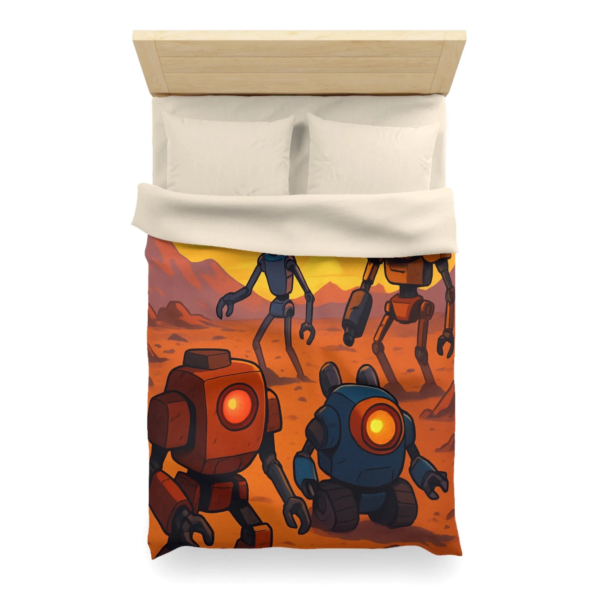Housse de couette avec robots colorés dans un paysage désertique au coucher du soleil