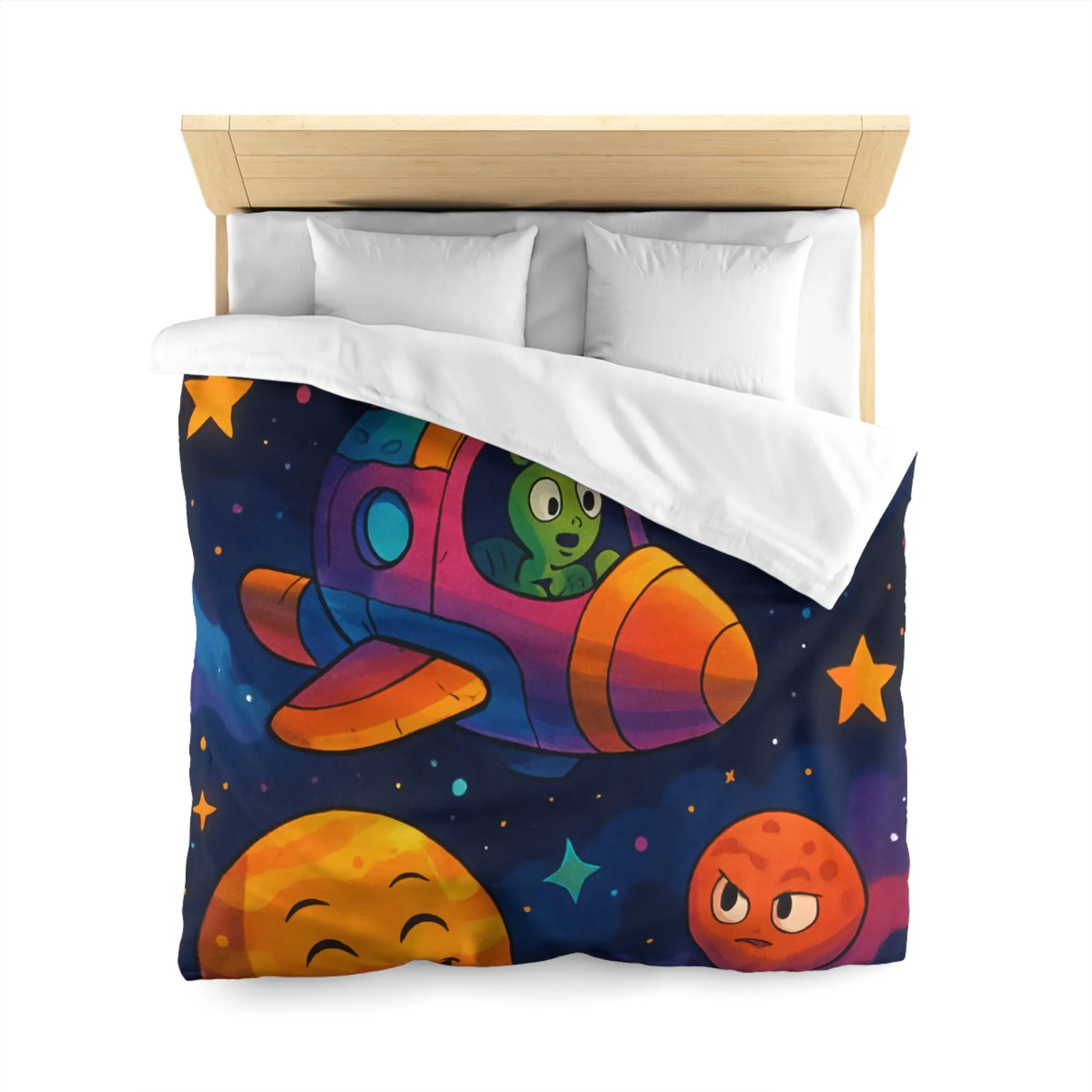 Housse de couette enfant cosmos coloré avec planètes amusantes et fusée extraterrestre