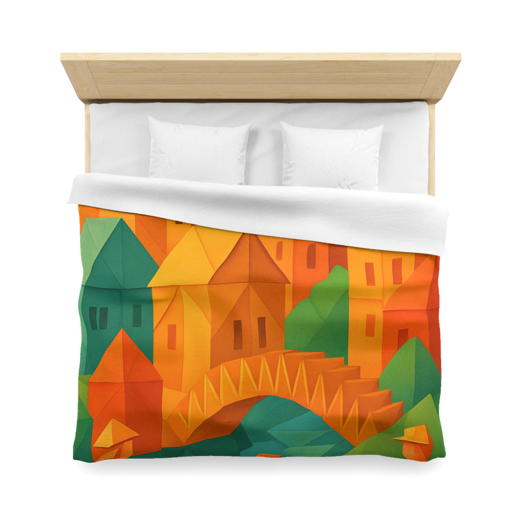 Housse de couette motif origami coloré avec paysage urbain et silhouettes humaines