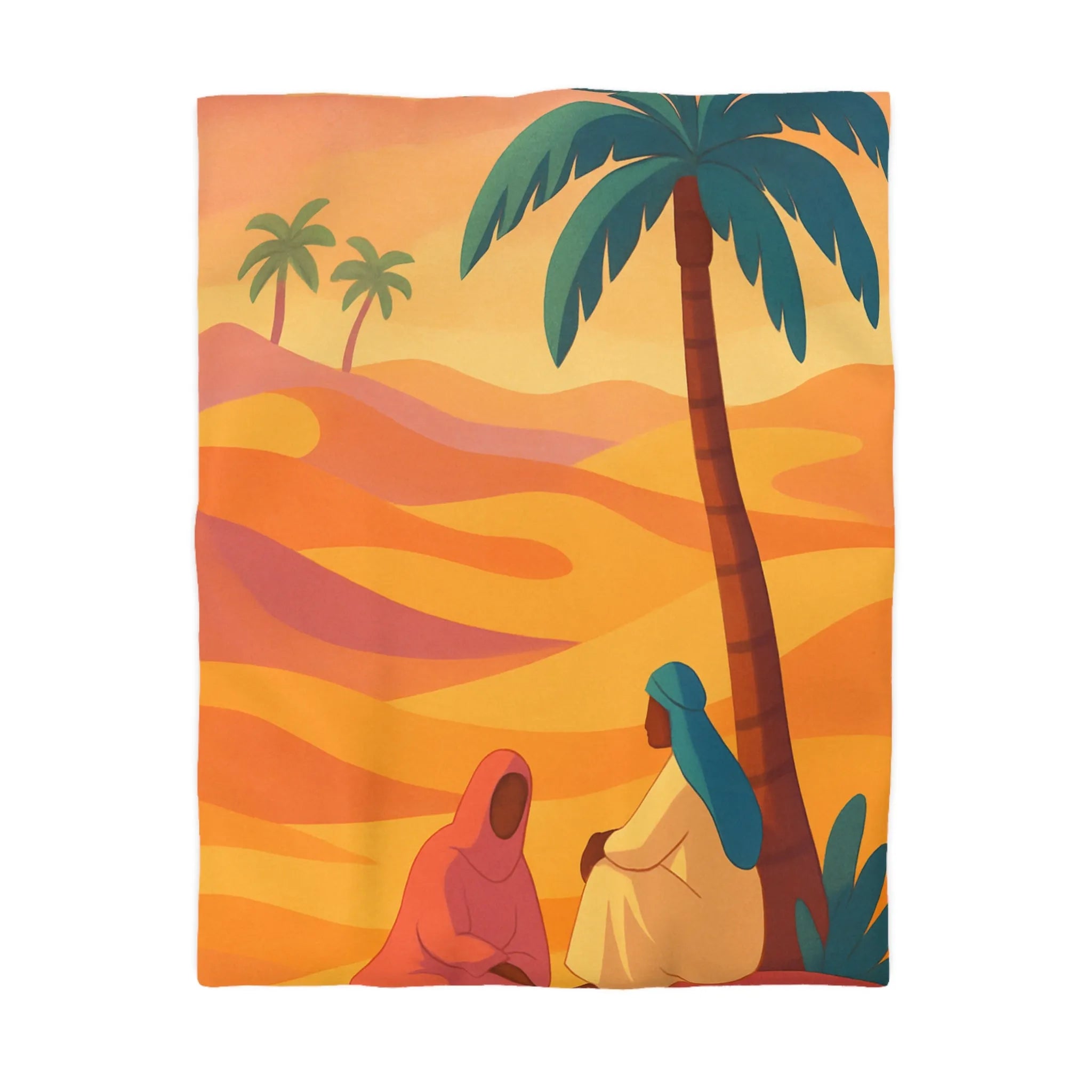 Housse de couette aux nuances désertiques avec palmiers et silhouettes sereines, style apaisant