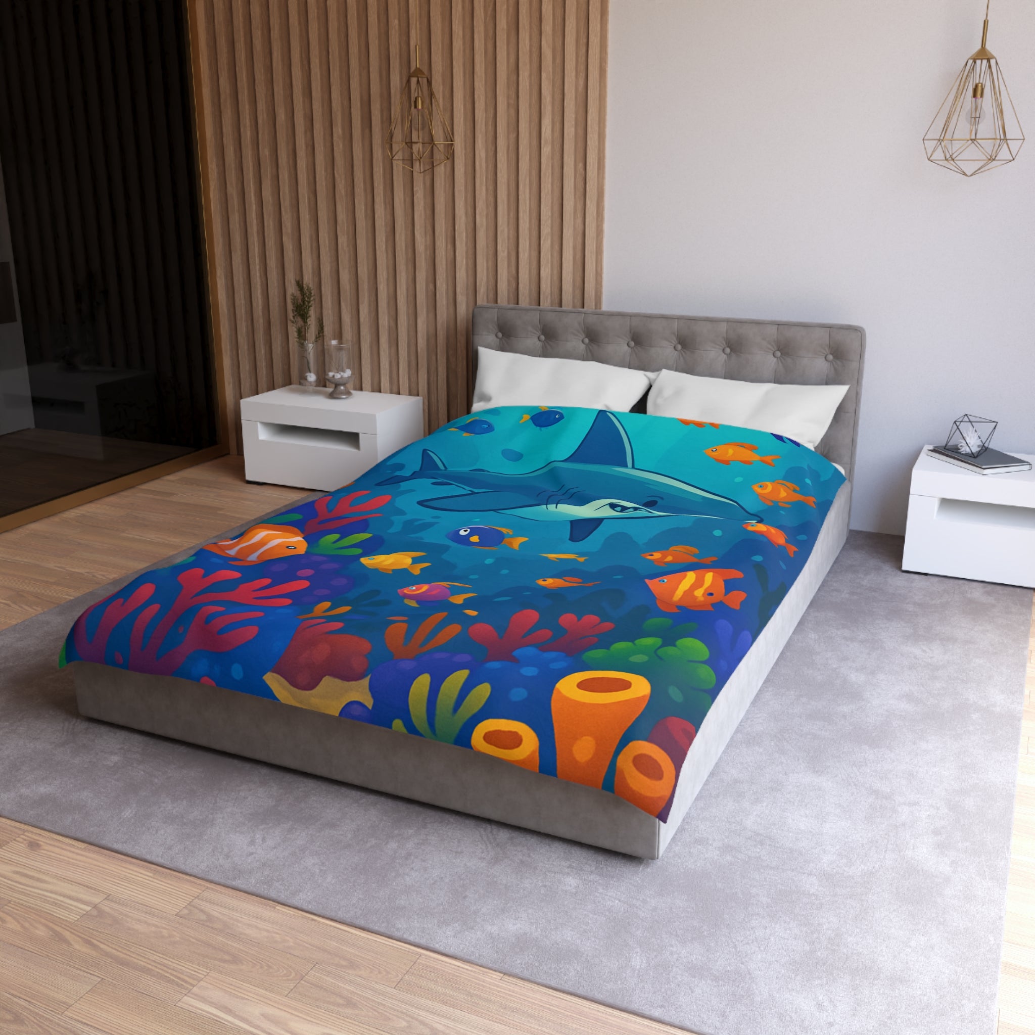 Housse de Couette Océan Coloré avec Requin et Poissons Tropicaux Pour Enfants