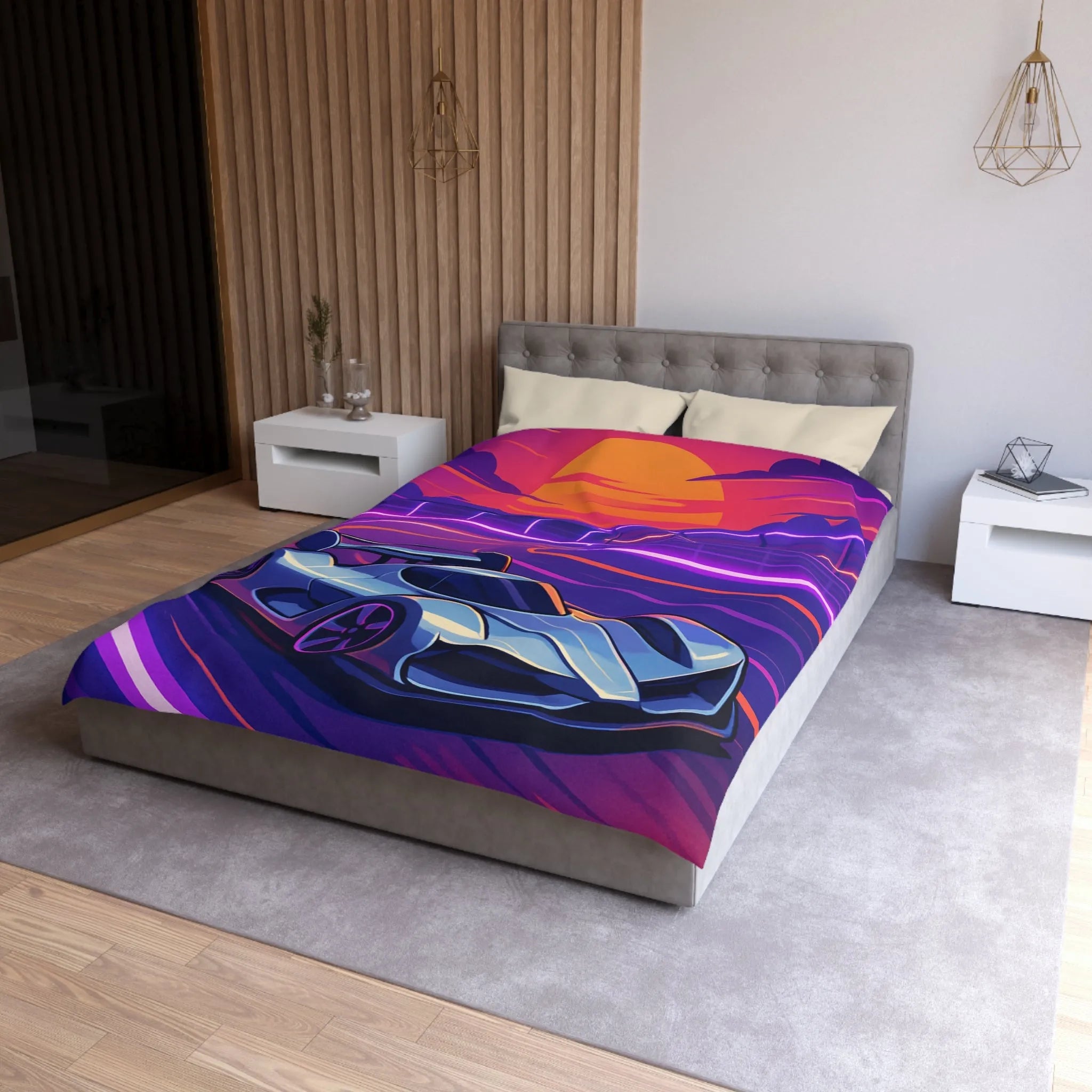 Housse de couette de voiture futuriste dérapante sur circuit éclairé au coucher du soleil