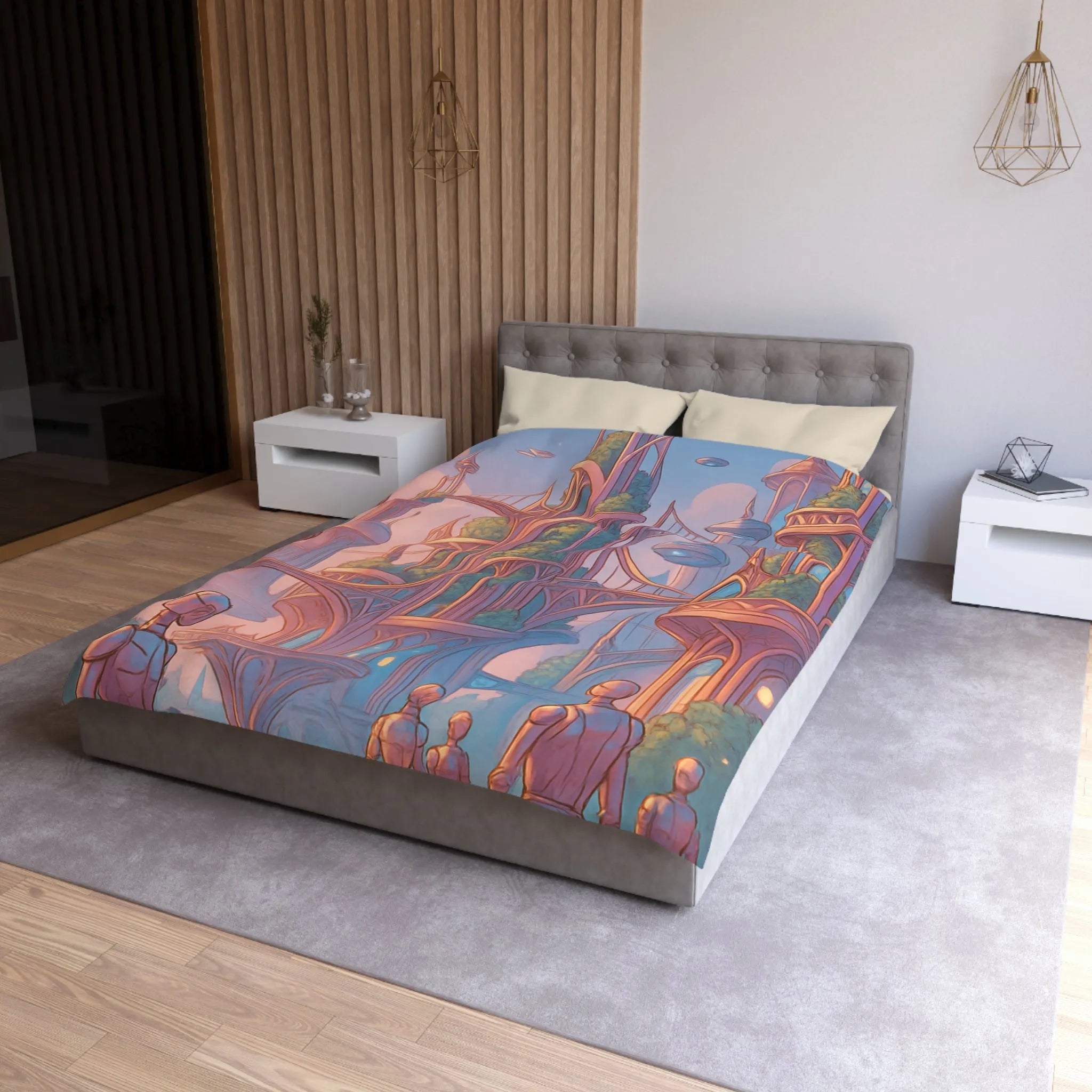 Housse de couette futuriste avec architecture élégante et robots dans tons pastel