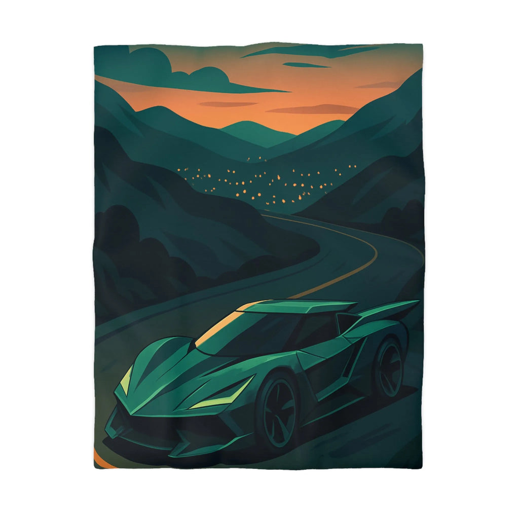 Housse de couette design voiture de sport moderne sur route sinueuse au crépuscule