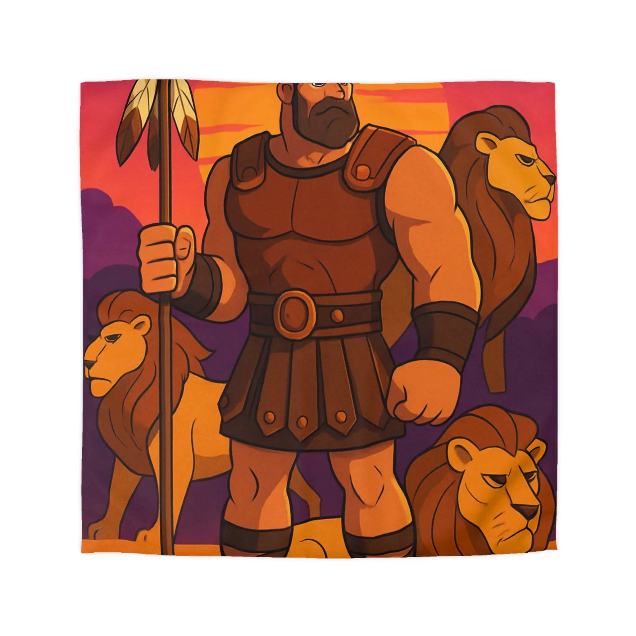 Guerrier héroïque avec lions sur fond de coucher de soleil désertique enchanteur