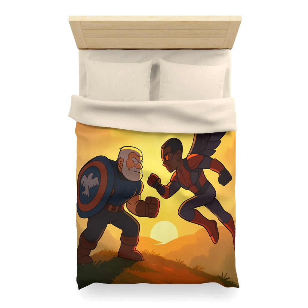 Housse de couette épique avec scène de combat héroïque au coucher du soleil