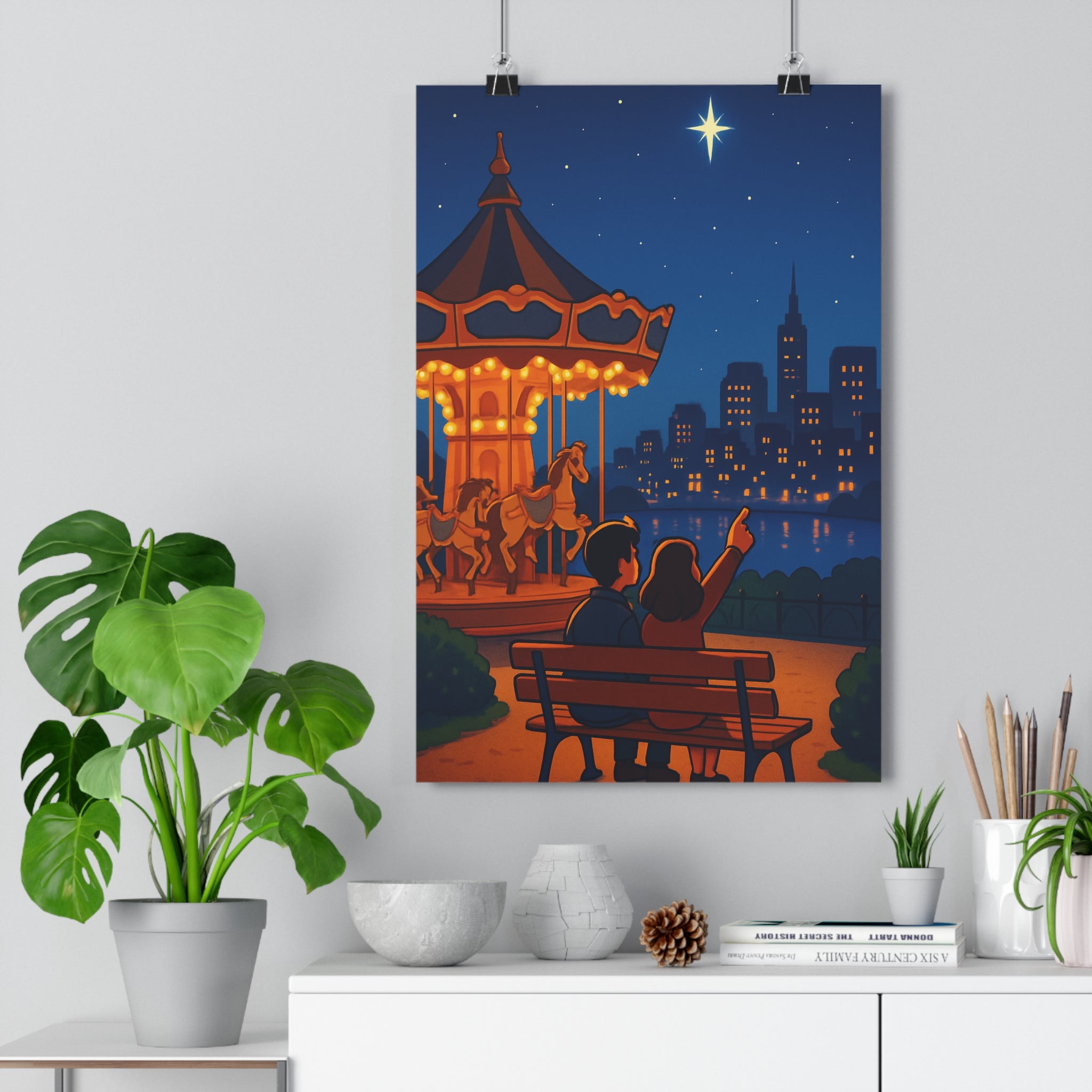 Poster décoratif rêveur animé pastel romantique nocturne parisien salon apaisant nuit magique ambiance étoiles