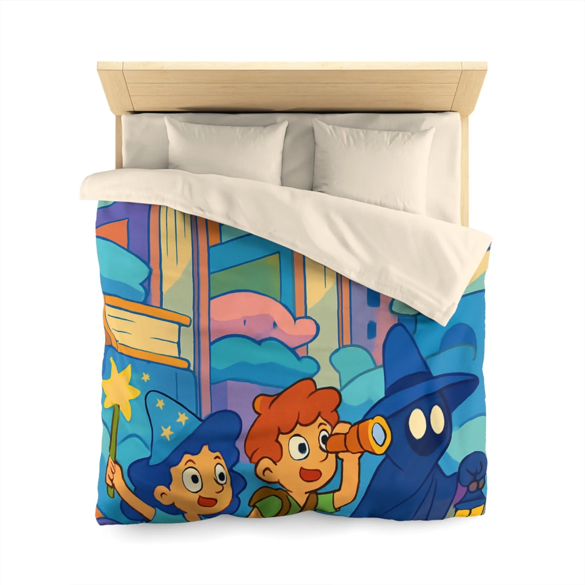 Housse de couette magique enfants avec illustration de sorcier, château et ciel étoilé