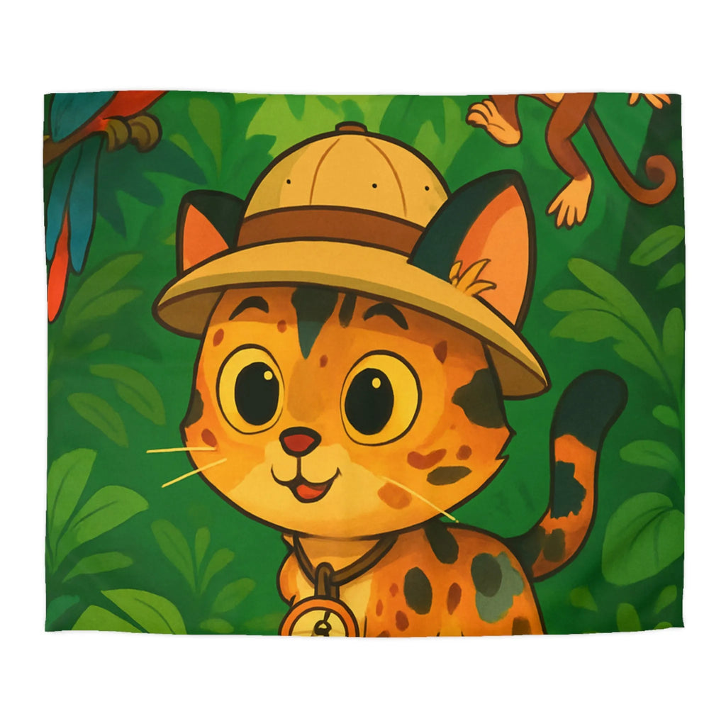 Housse de couette avec chat explorateur, jungle colorée, perroquet et singe joyeux
