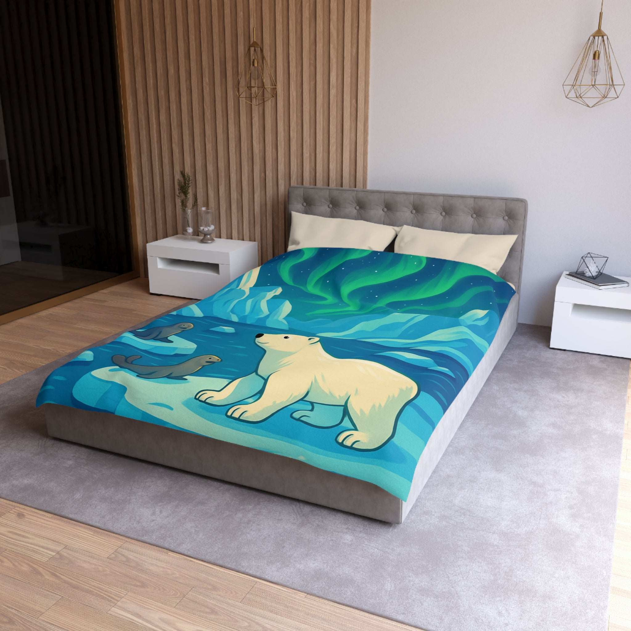 Housse de couette polaire avec ours et aurores boréales pour chambre enfant