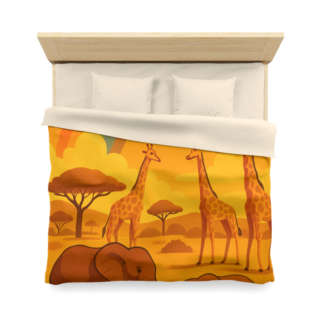 Housse de couette safari enfant avec éléphants, girafes et arc-en-ciel vibrant