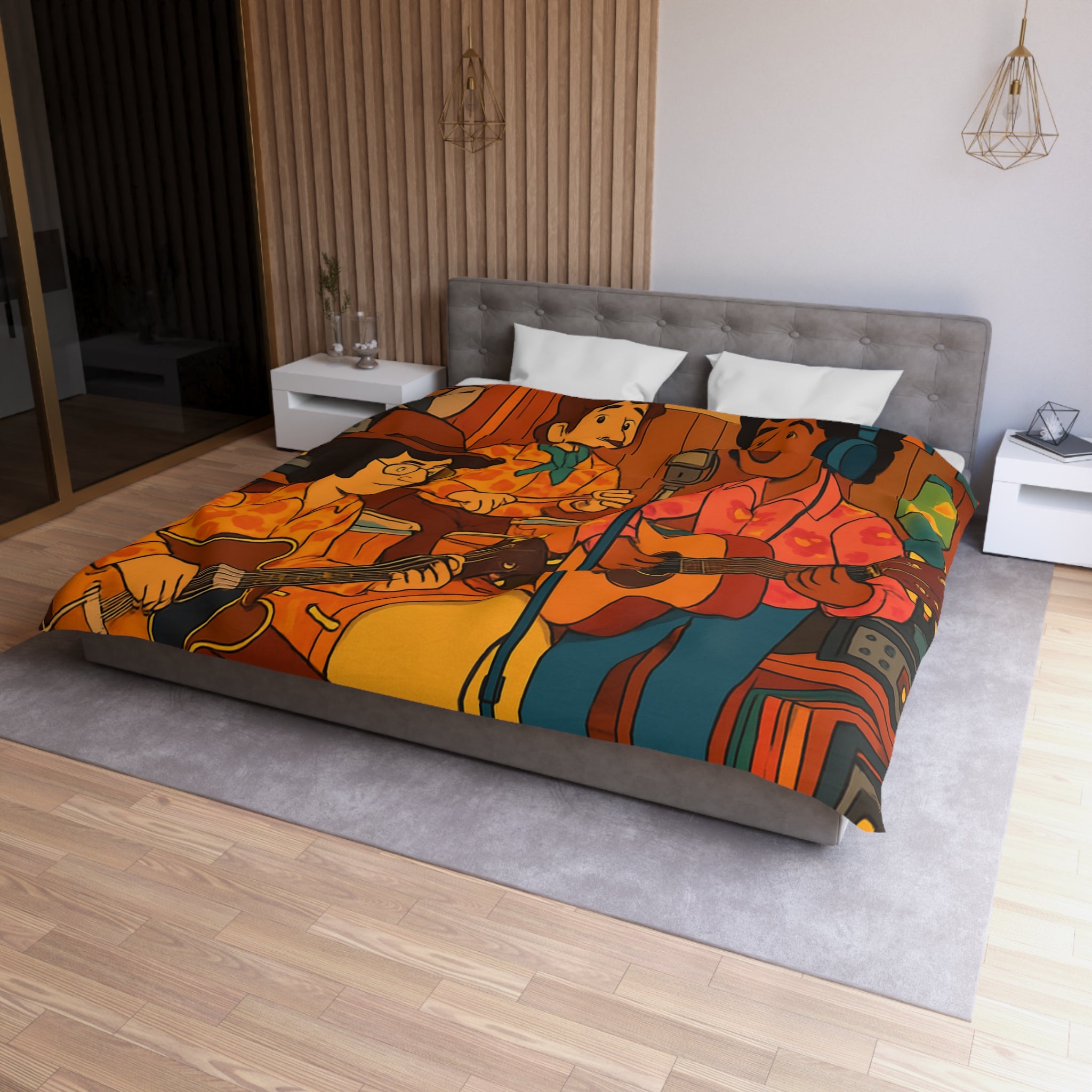 Housse de Couette Vintage avec Musiciens Rétro Jouant de la Guitare et Chanteur