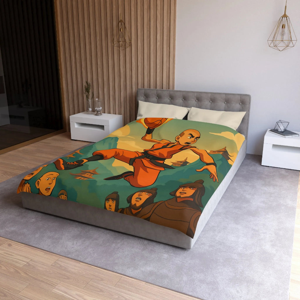 Housse de Couette Art Martial Moine avec Ballon de Basket en Feu Paysage Montagneux