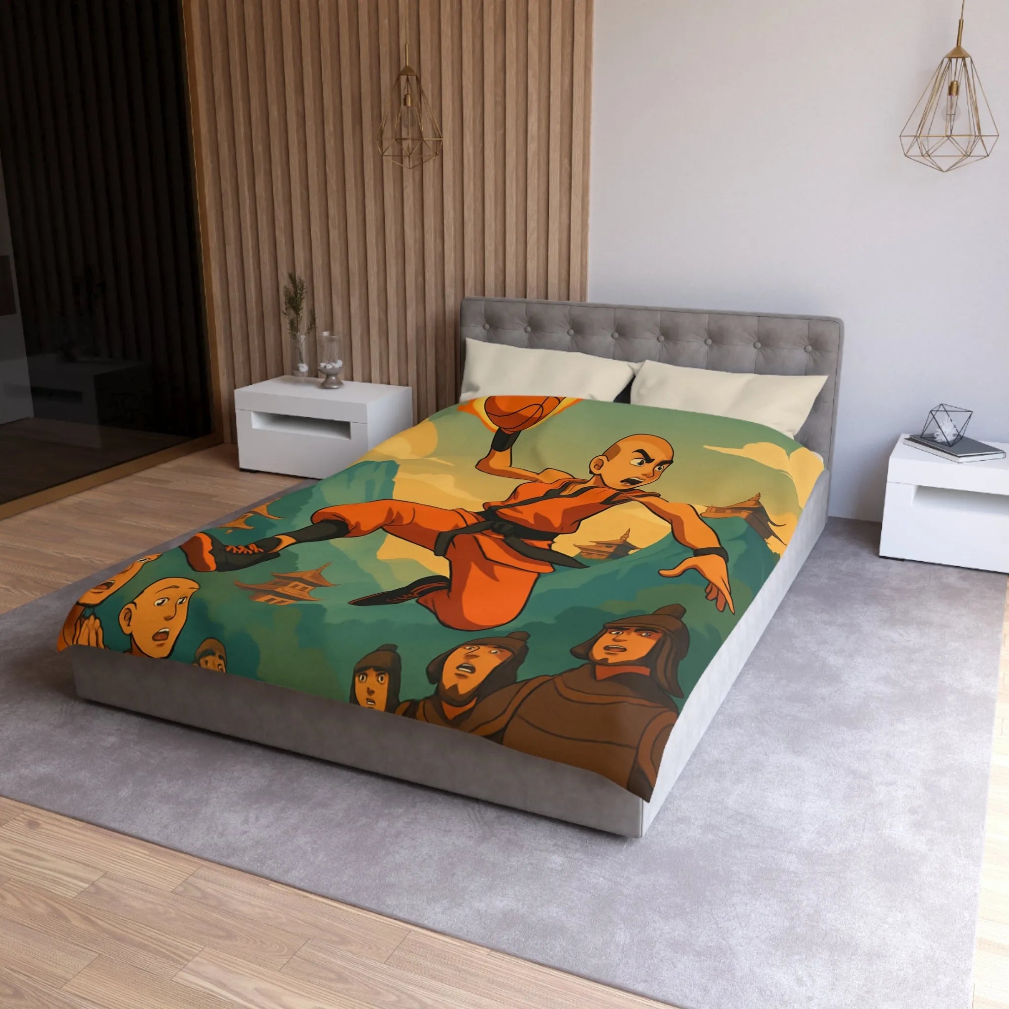 Housse de Couette Art Martial Moine avec Ballon de Basket en Feu Paysage Montagneux