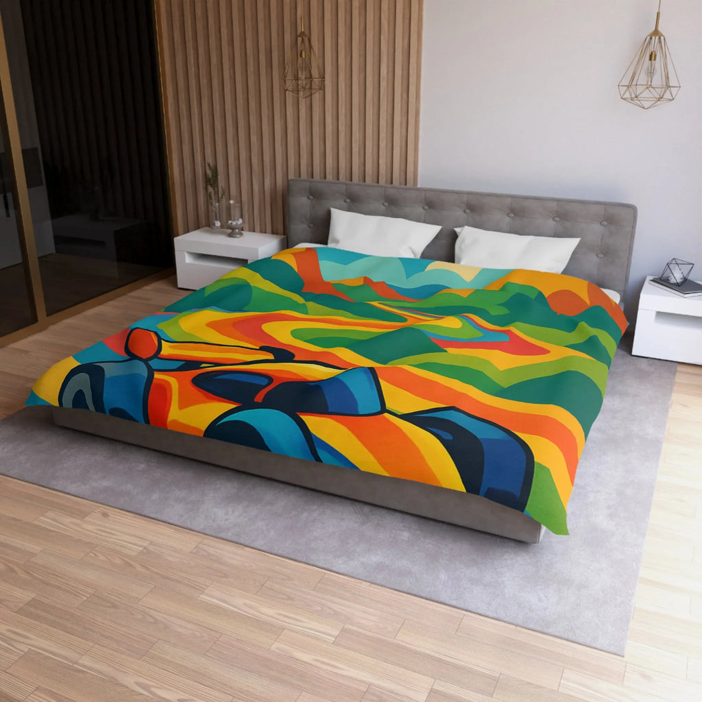 Housse de Couette Colorée avec Voiture de Course et Collines Arc-en-ciel Ensoleillées