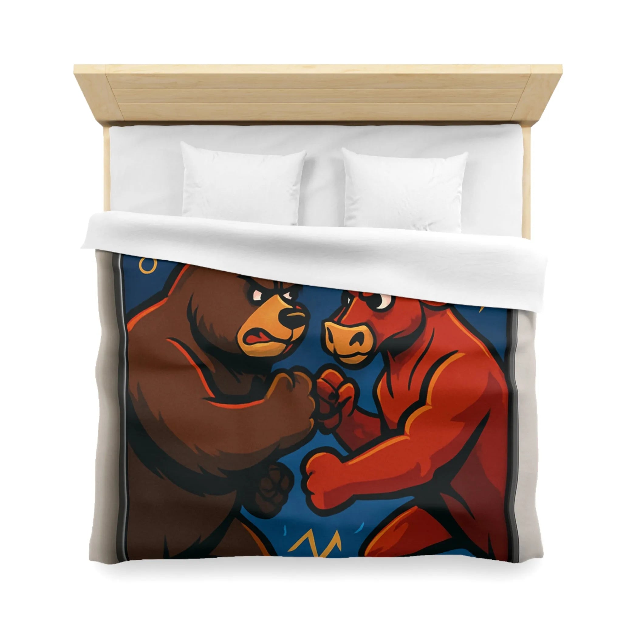 Housse de couette avec motif taureau et ours symbolisant les tendances du marché boursier
