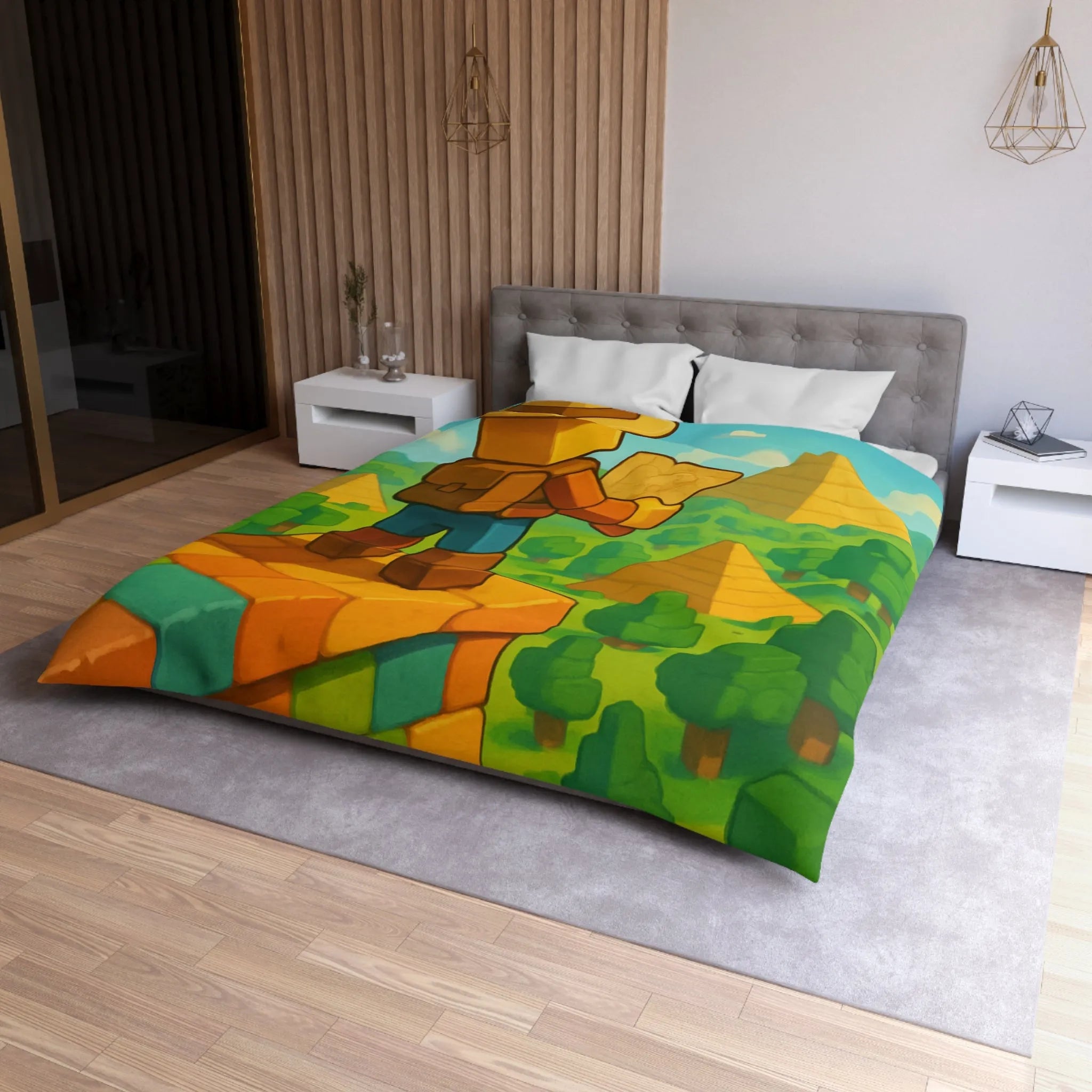 Housse de Couette Ludique Aventure Pixelisée Explorateur Carte Forêt Pyramide Enfant