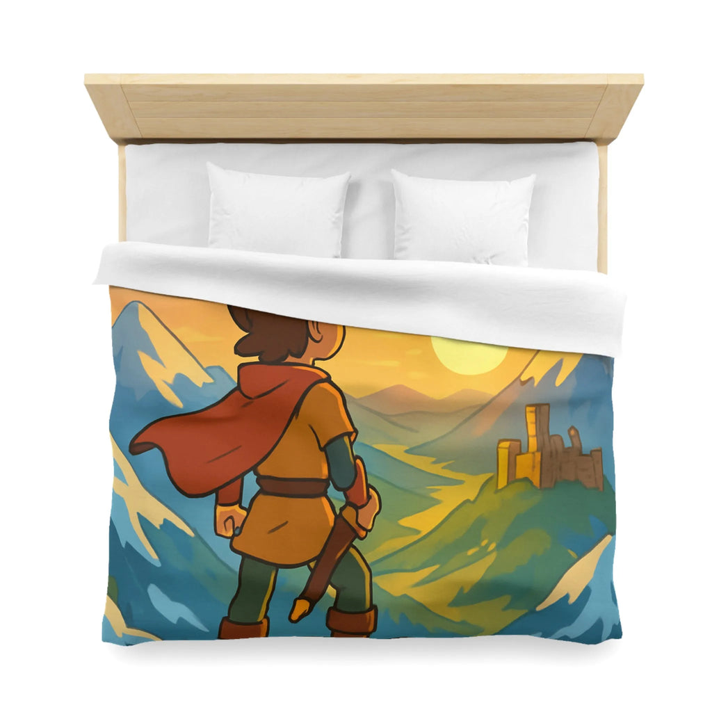 Housse de couette avec paysage montagneux, jeune aventurier et châteaux au coucher de soleil