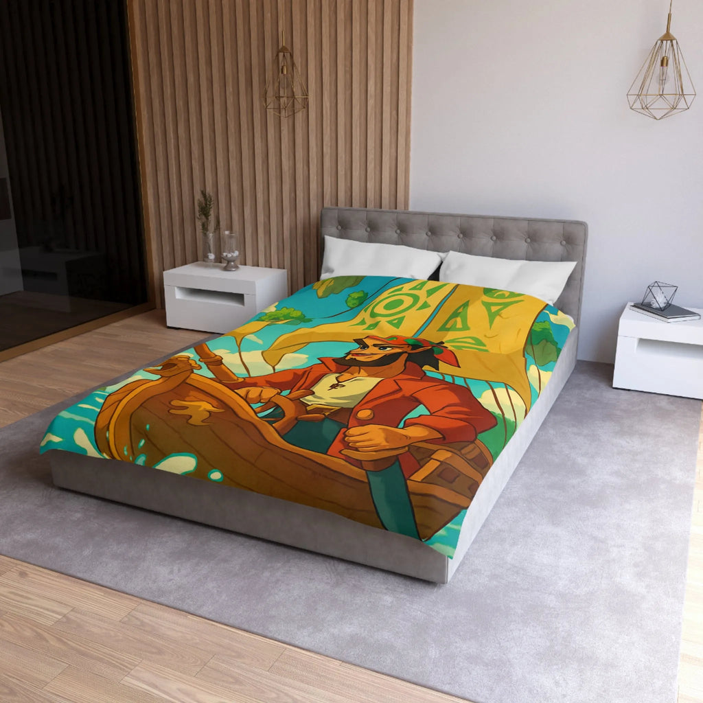 Housse de couette colorée avec pirate en bateau sur mer et îles flottantes