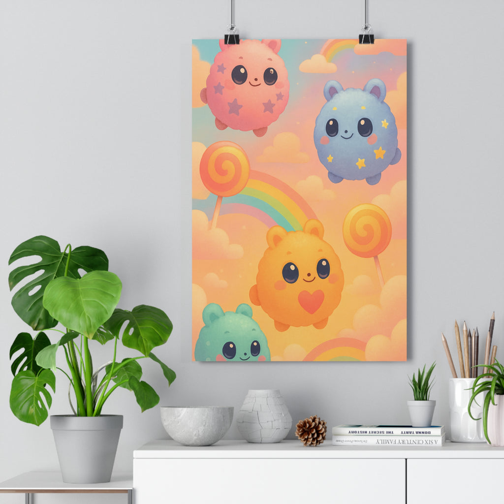 Poster décoratif kawaii pastel rose bleu jaune vert joyeux chambre enfant créatures motifs nuages