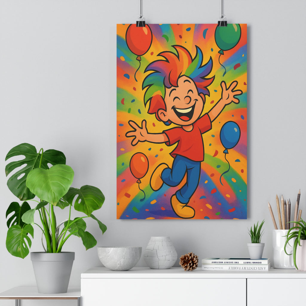 Poster décoratif joyeux enfant chambre dessin animé multicolore festif vibrant ballons confettis ambiance gaieté