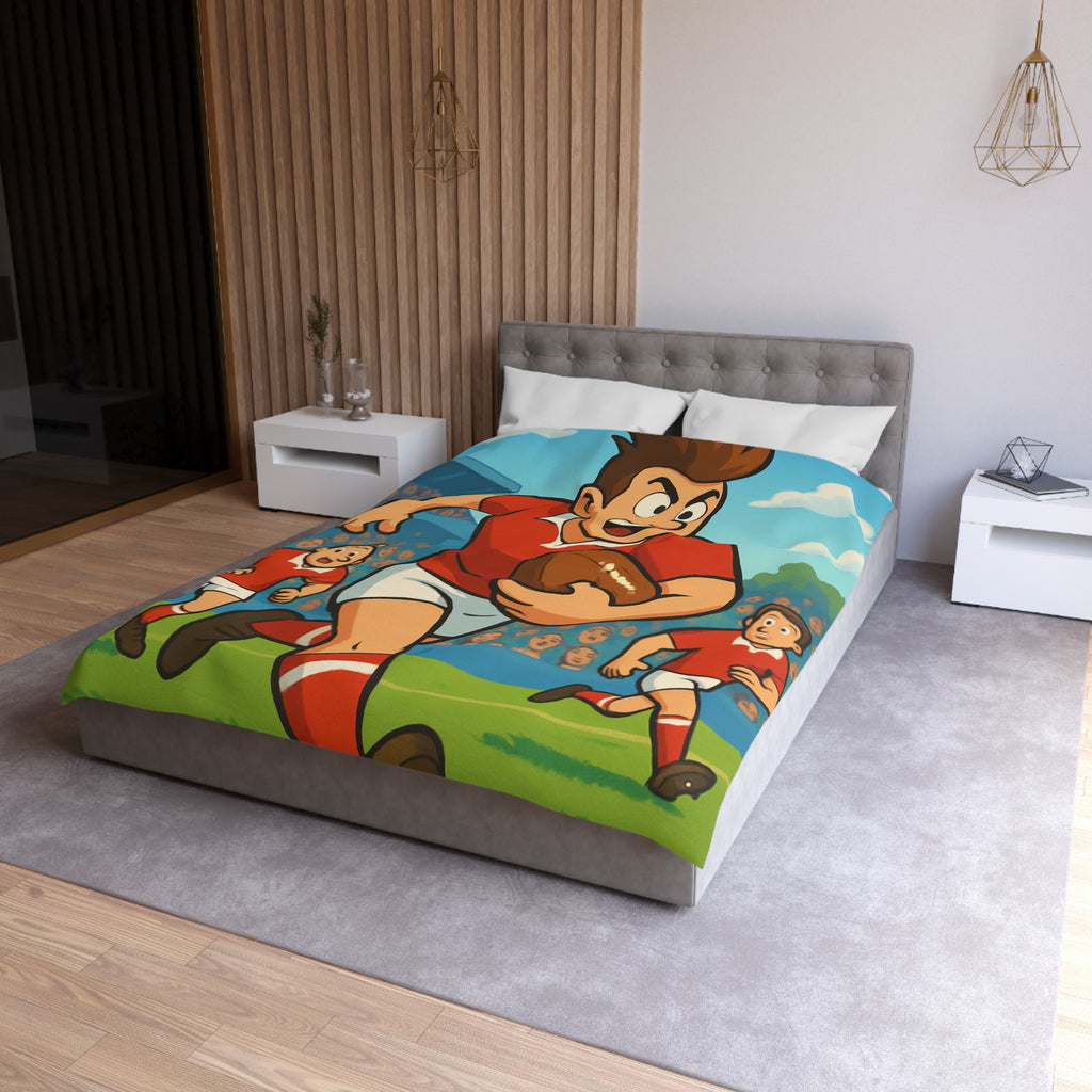 Housse de couette rugby dynamique en rouge et blanc pour chambre d'enfant sportive