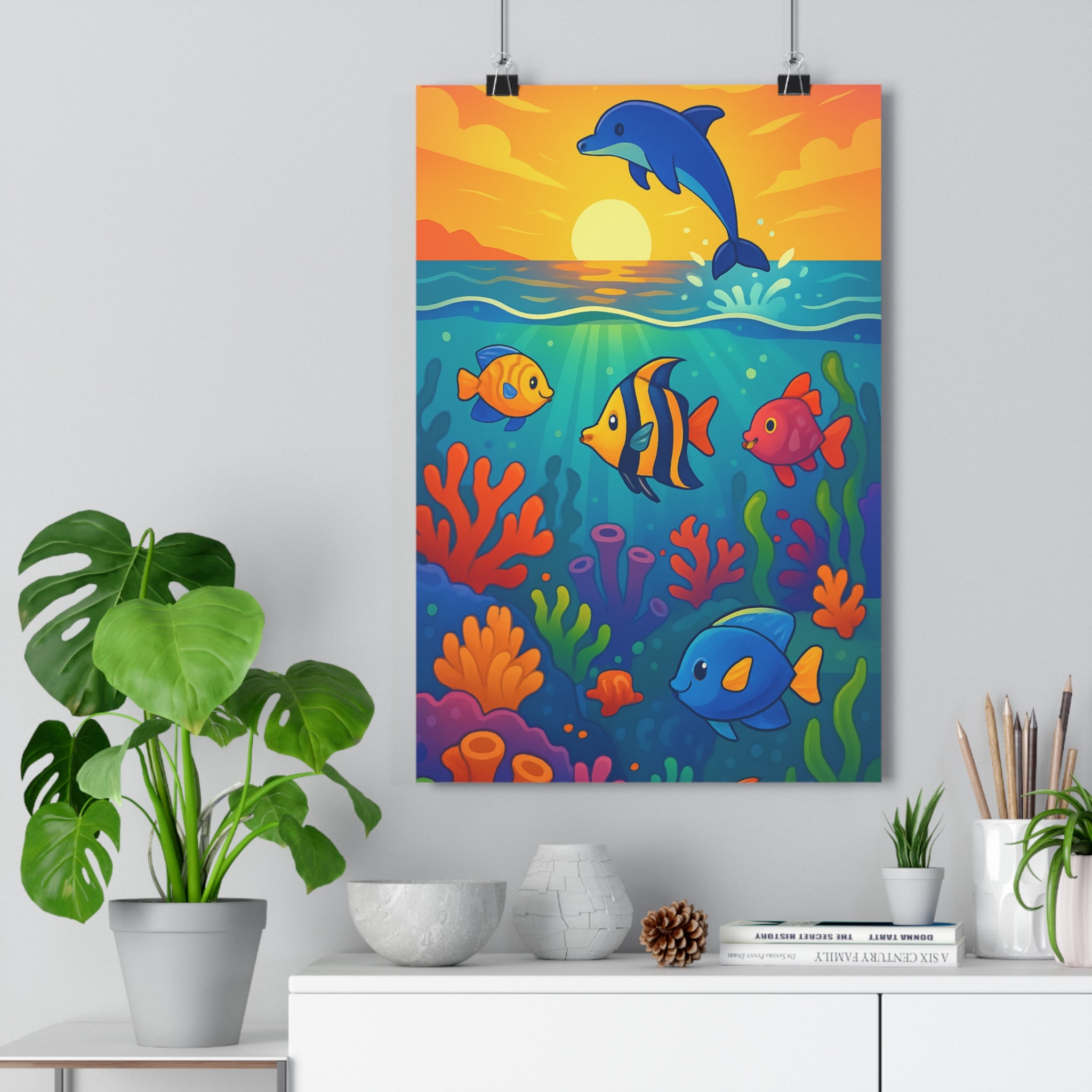 Poster décoratif enfant océan bleu orange joyeux moderne chambre salon dauphin vibrant 30x46 multicolore