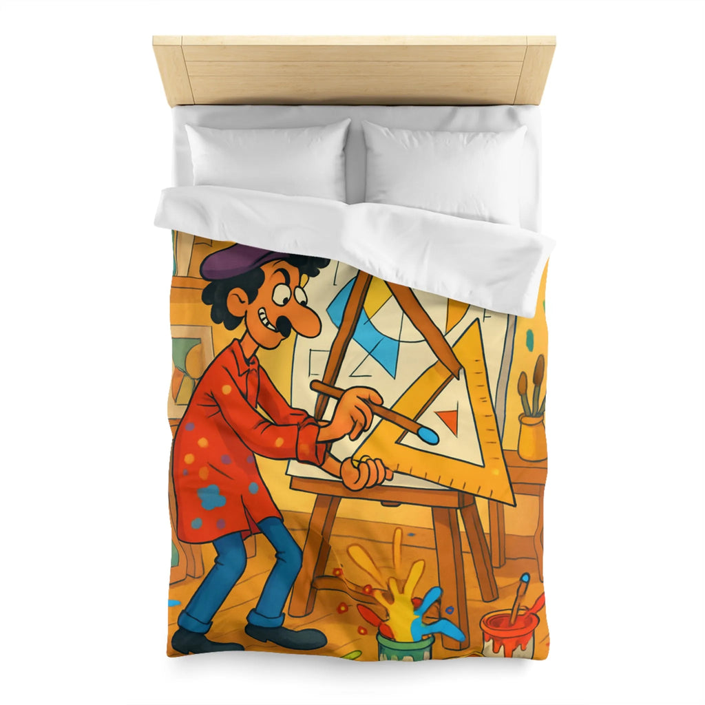 Housse de couette artistique avec motif géométrique et artiste cartoon en atelier coloré
