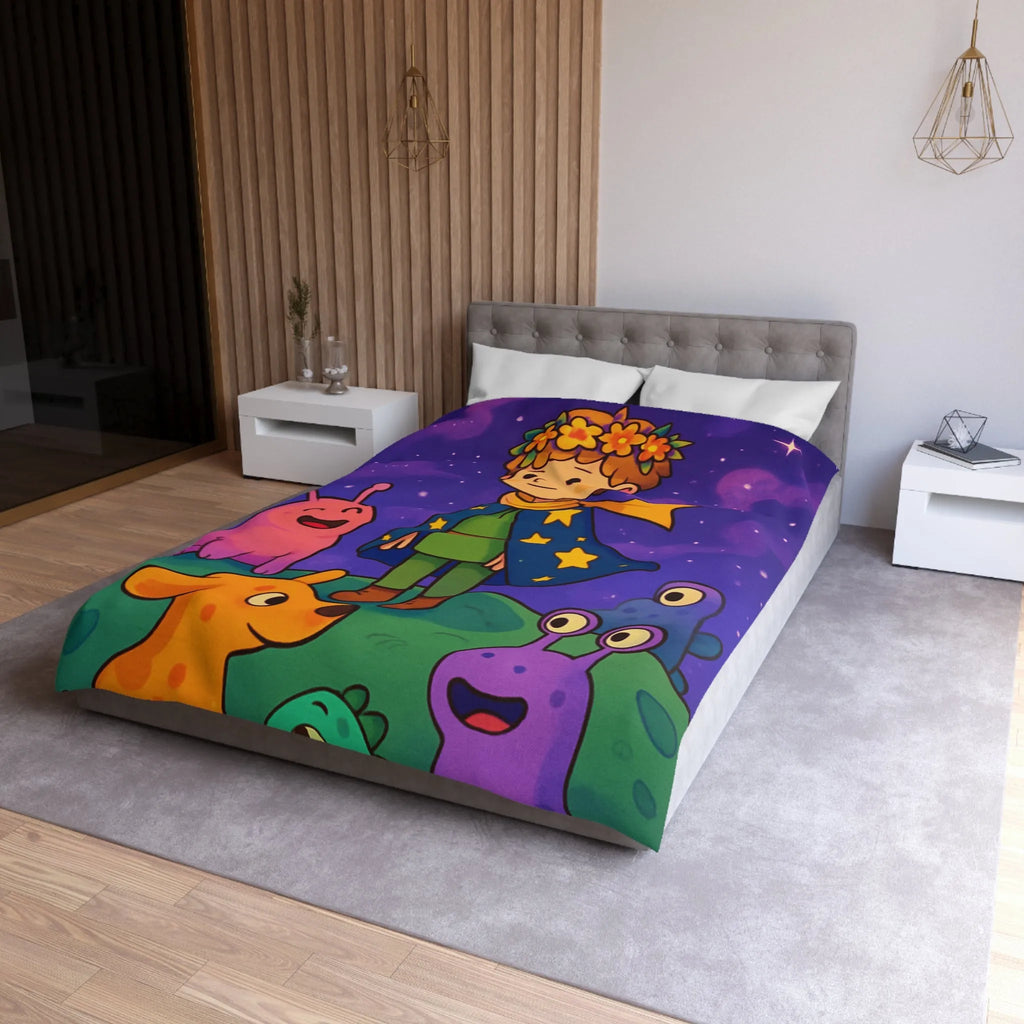 Housse de Couette Colorée Enfantine avec Enfant et Créatures sous Ciel Étoilé