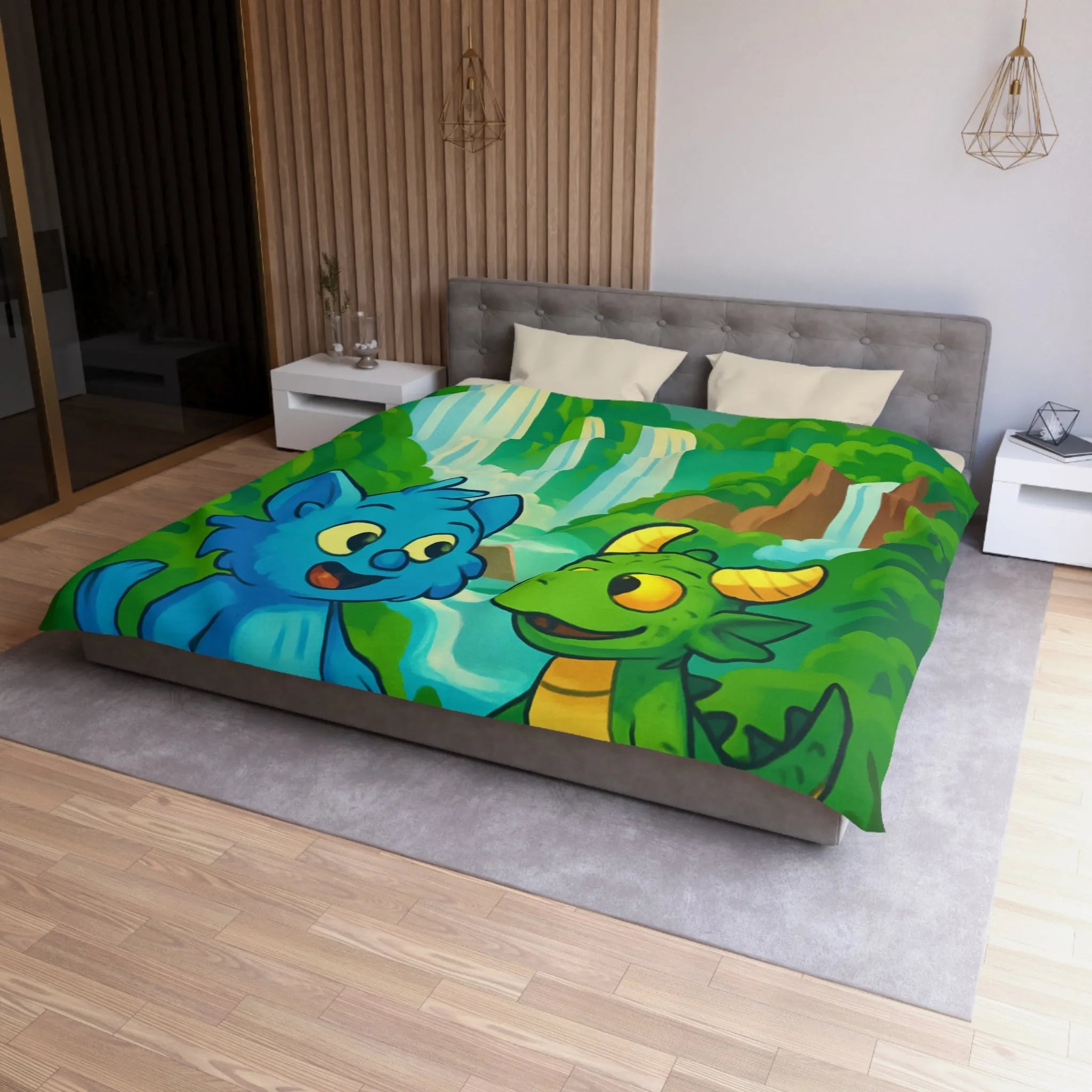 Housse de Couette Fantaisie Enfants Avec Animaux et Paysage Magique Coloré Vert et Bleu