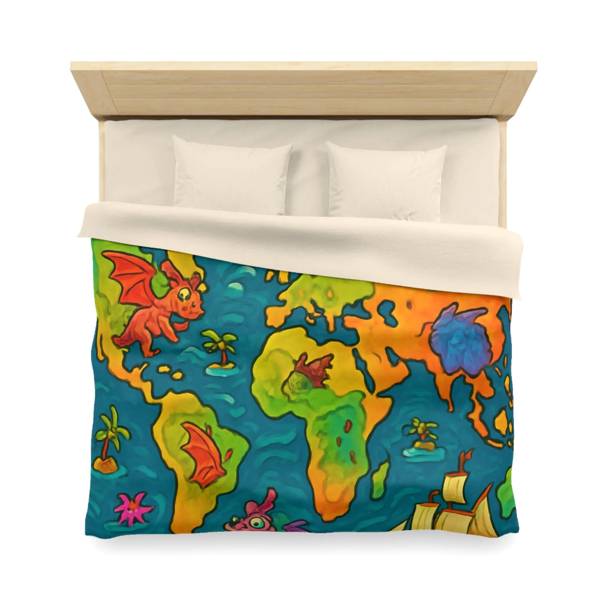 Housse de couette carte monde fantastique avec dragons et bateaux pour enfant