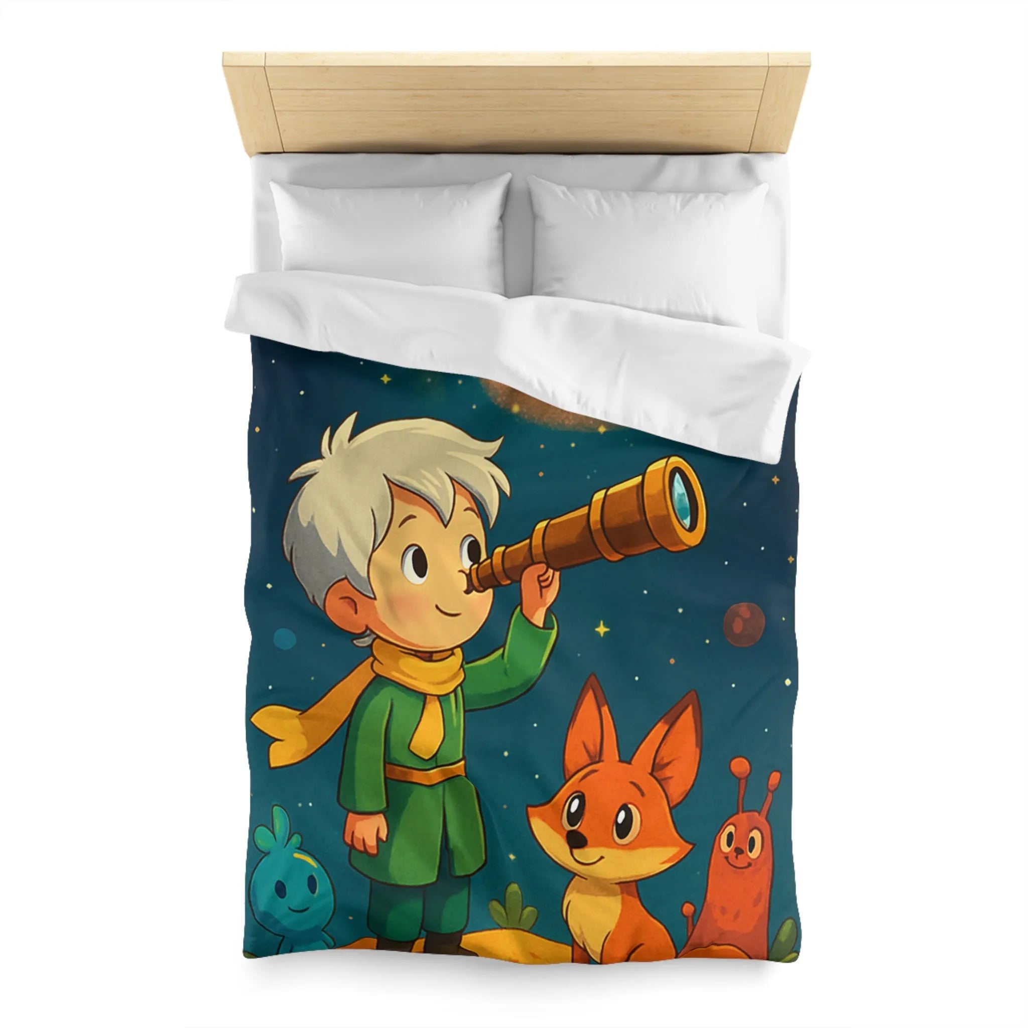 Housse de couette enfant rêveur observant les étoiles avec télescope et animaux adorables