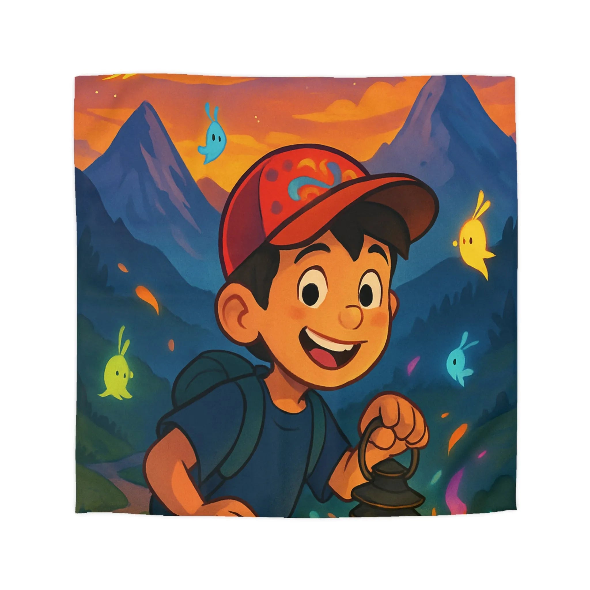 Housse de couette aventure enfantine avec lanterne magique et montagnes colorées au crépuscule