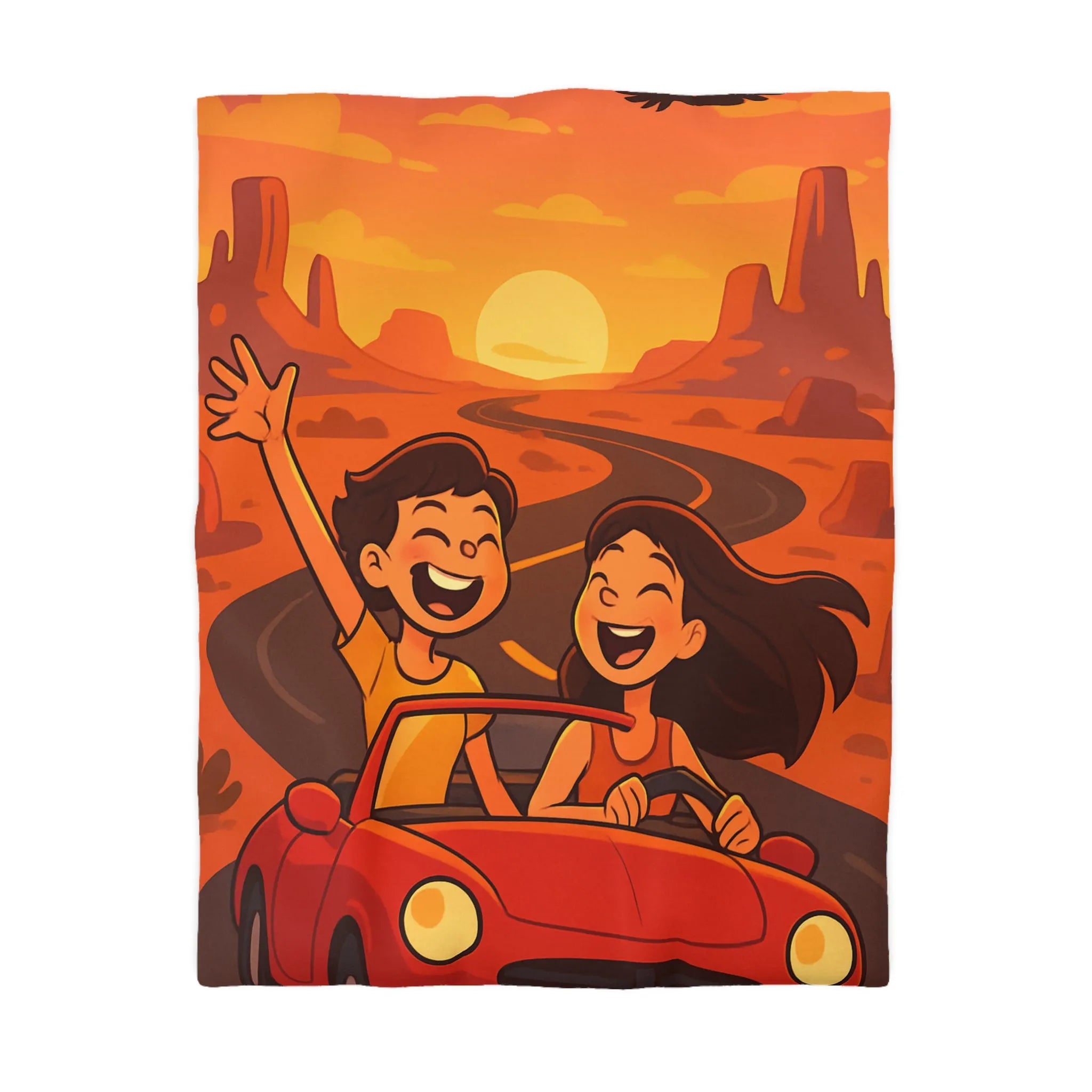 Aventure en voiture rouge dans un désert ensoleillé avec couple et aigle volant