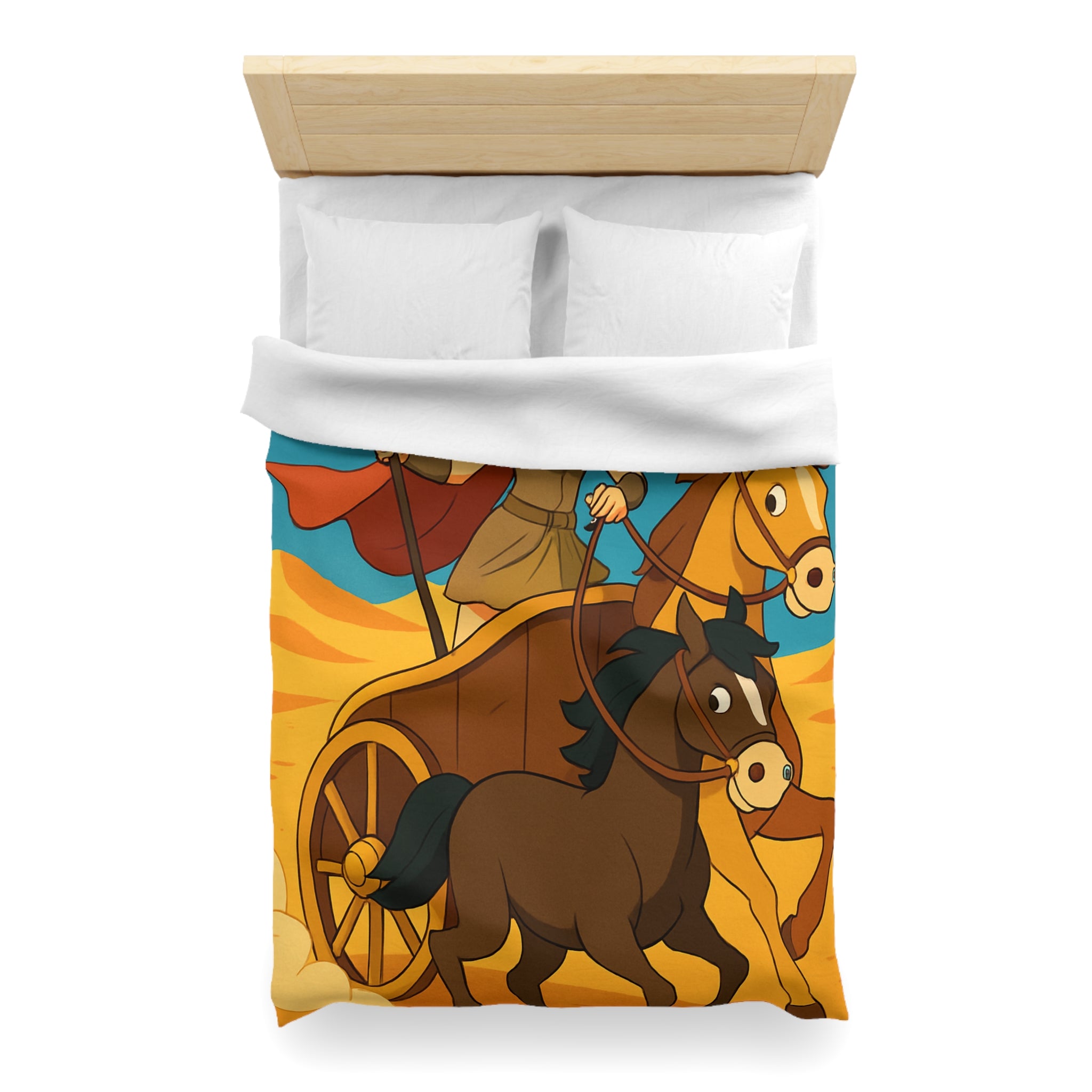 Housse de couette représentant guerrière en char avec chevaux marron dans désert animé