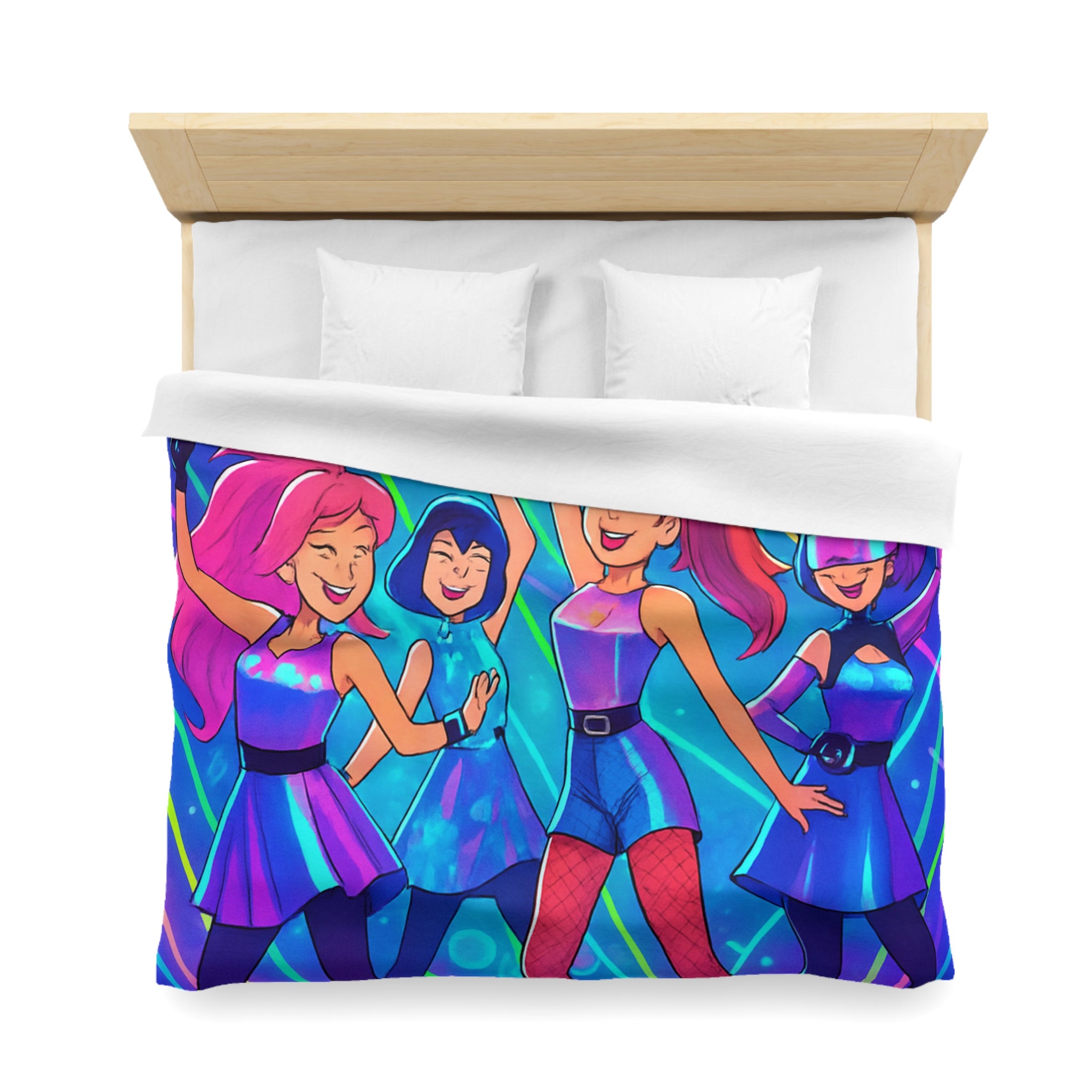 Housse de couette techno disco avec danseuses rétro en néons et figures géométriques