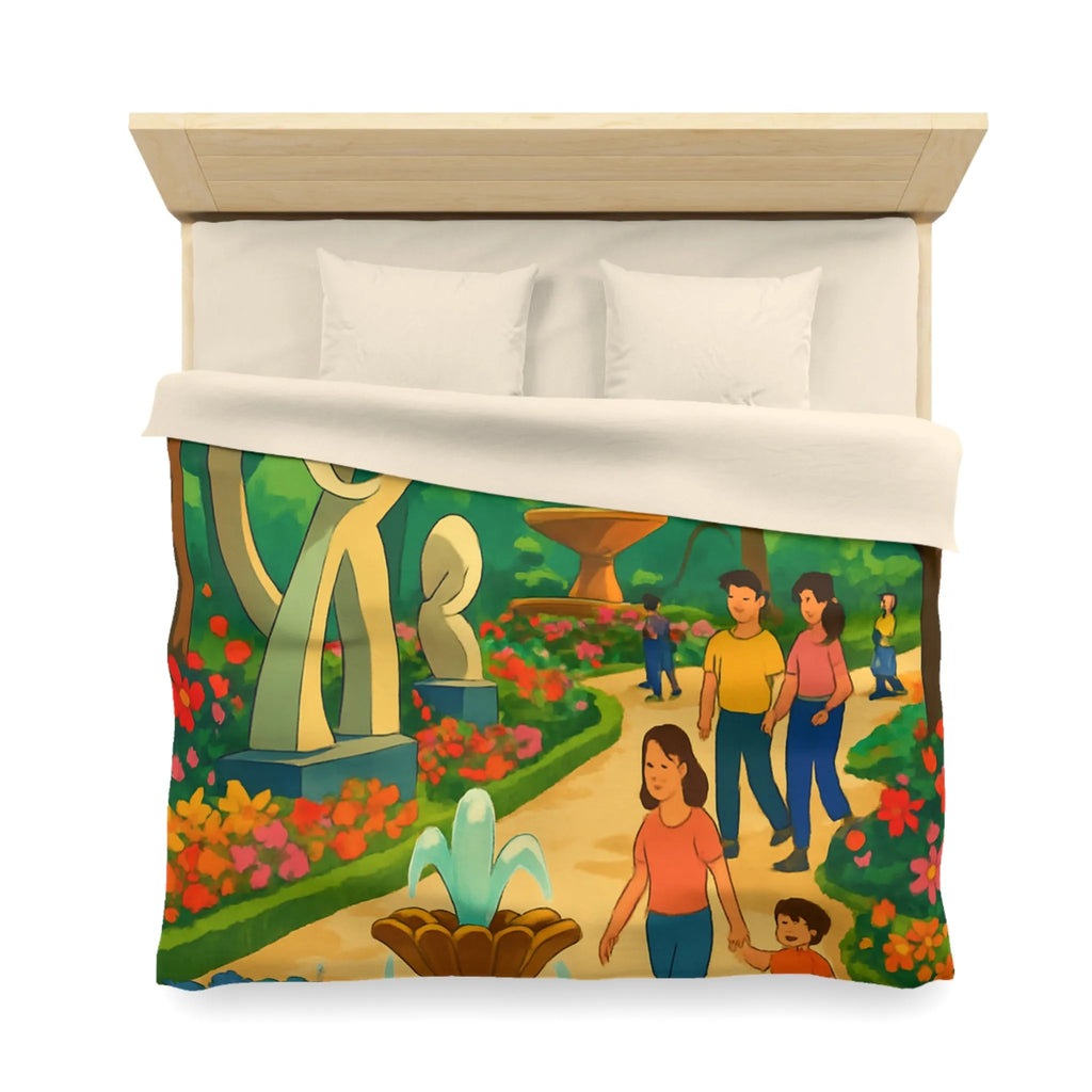 Housse de Couette Colorée Illustrant un Jardin avec Oiseaux et Familles en Promenade