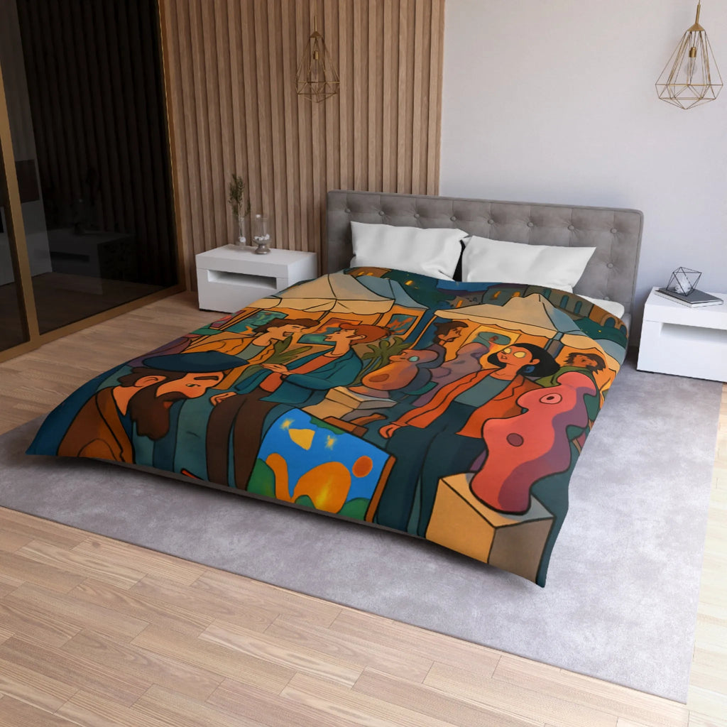 Housse de couette avec scène de marché nocturne animé et sculptures colorées