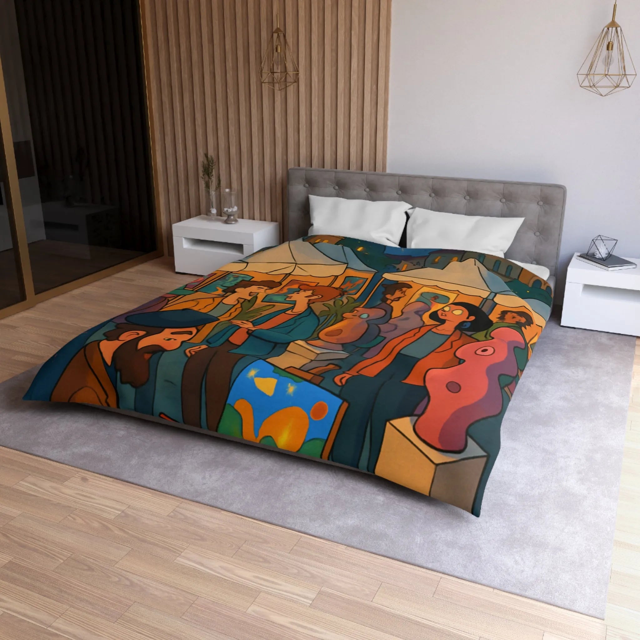 Housse de couette avec scène de marché nocturne animé et sculptures colorées