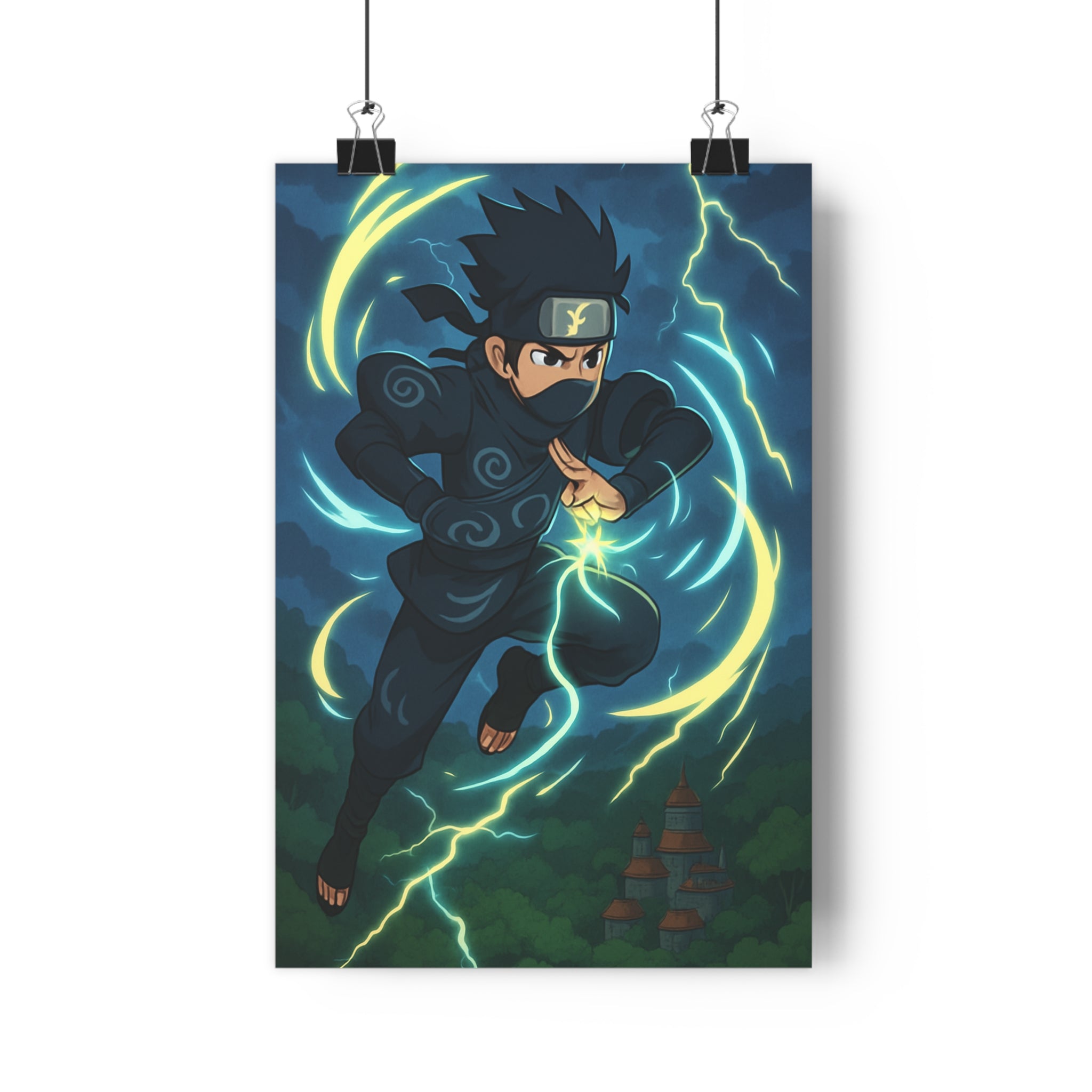 Poster décoratif ninja action anime couleurs vives dynamique chambre bureau éclairs vent 30x46 cm