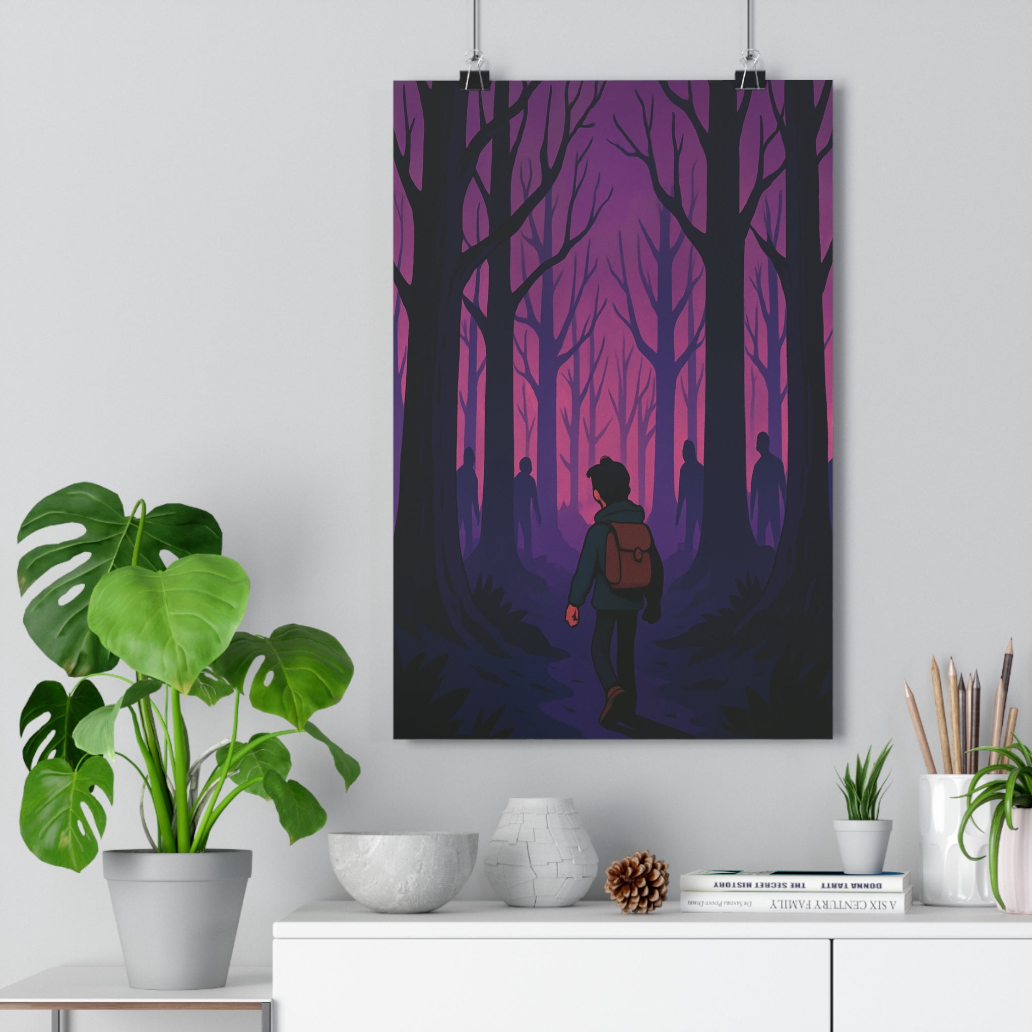 Poster décoratif mystique violet noir silhouette forêt cartoon intrigant salon chambre moderne tendance artistique