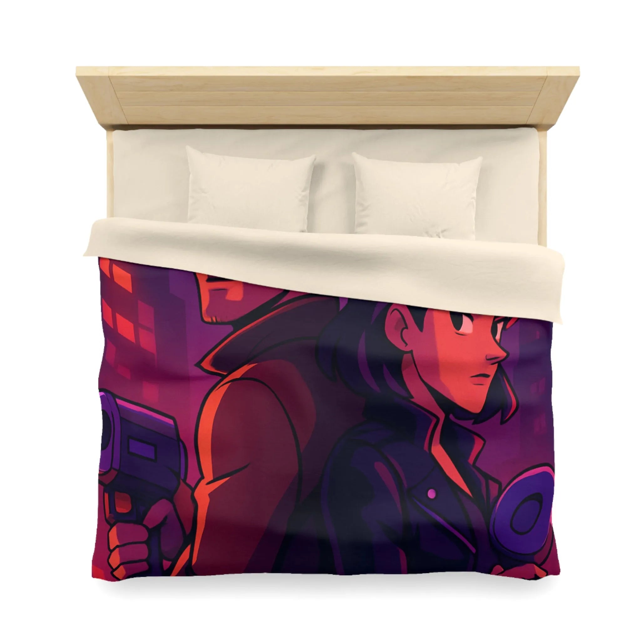 Housse de couette aventure urbaine avec duo de détectives dans néons lumineux