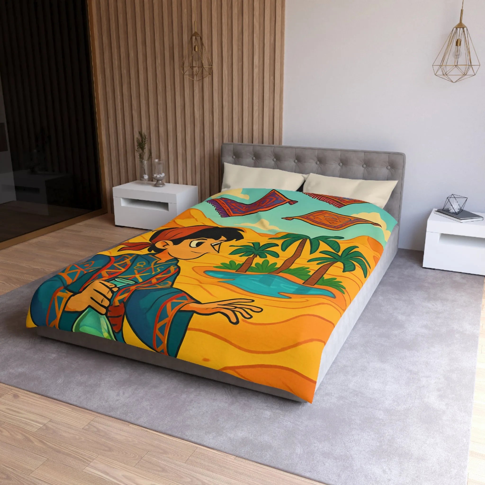 Housse de couette magique avec tapis volants et oasis sous ciel bleu désertique