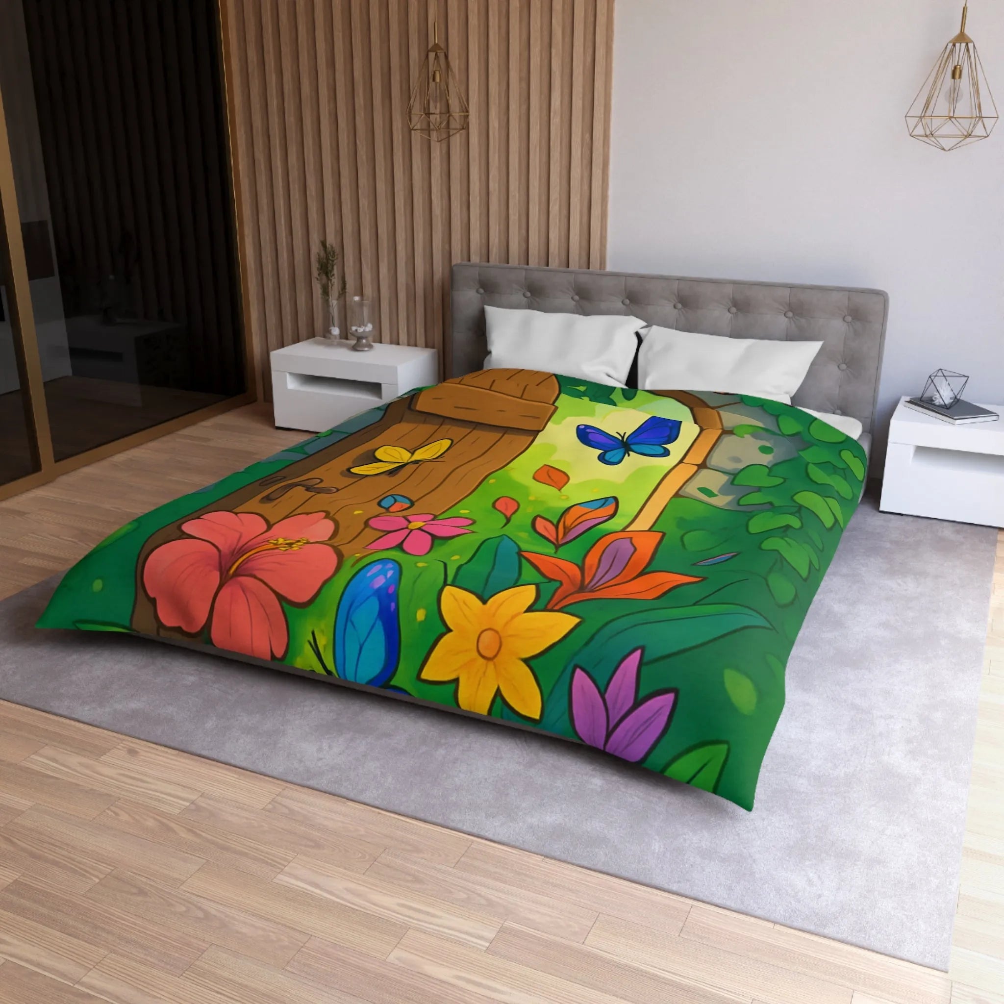 Housse de couette avec papillons colorés et fleurs devant porte de jardin enchanté