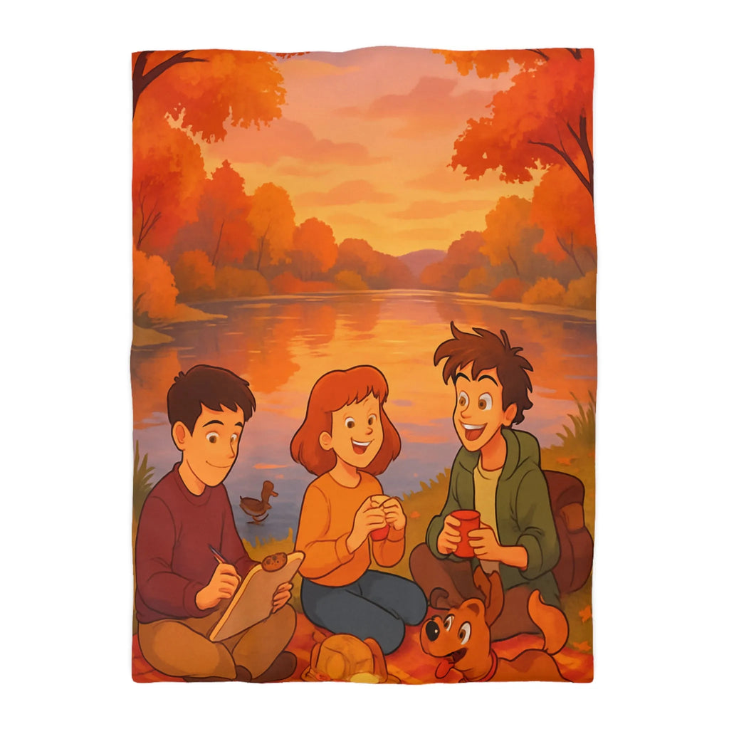 Housse de couette illustrée avec scène automnale de pique-nique au bord d'un lac