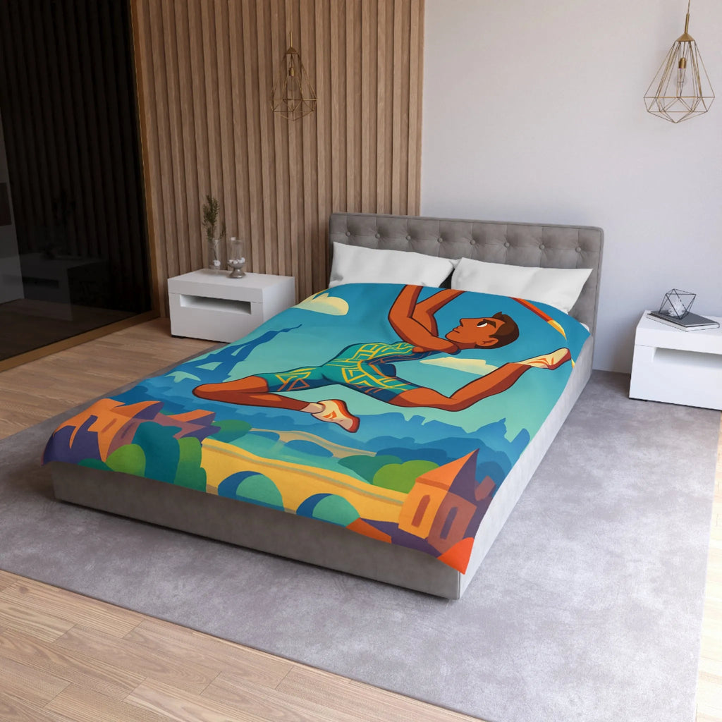 Housse de couette athlète sautant en ville avec ciel bleu et monuments célèbres